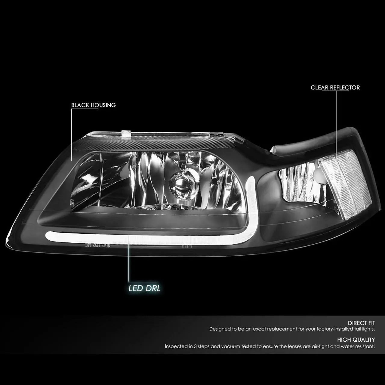 Alt view image 2 of 7 - DNA Motoring HL-LB-FM99-BK-CL1 For 1999 to 2004 Ford Mustang LED Daytime Running Light Bar Headlight Black Housing Clear Corner Headlamp 00 01 02 03 Left + Right