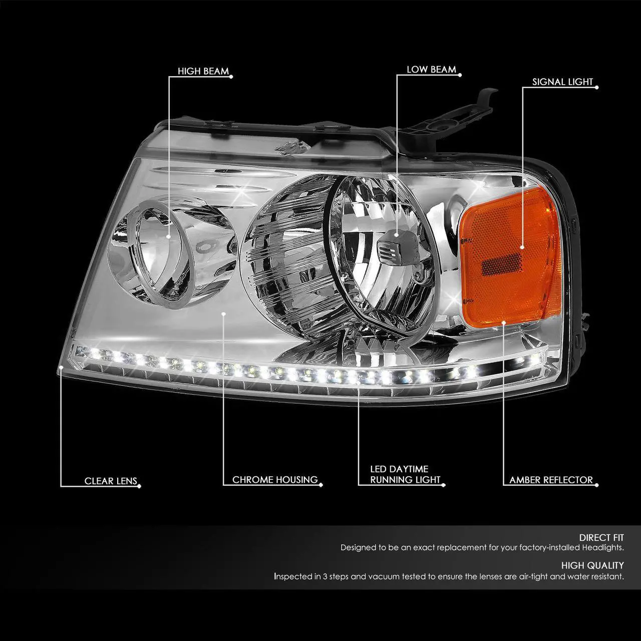 Alt view image 2 of 7 - DNA Motoring HL-LED-F15004-CH-AM For 2004 to 2008 Ford F-150 Lincoln Mark LT LED DRL Chrome Housing Amber Corner Halogen Headlight Replacement 05 06 07