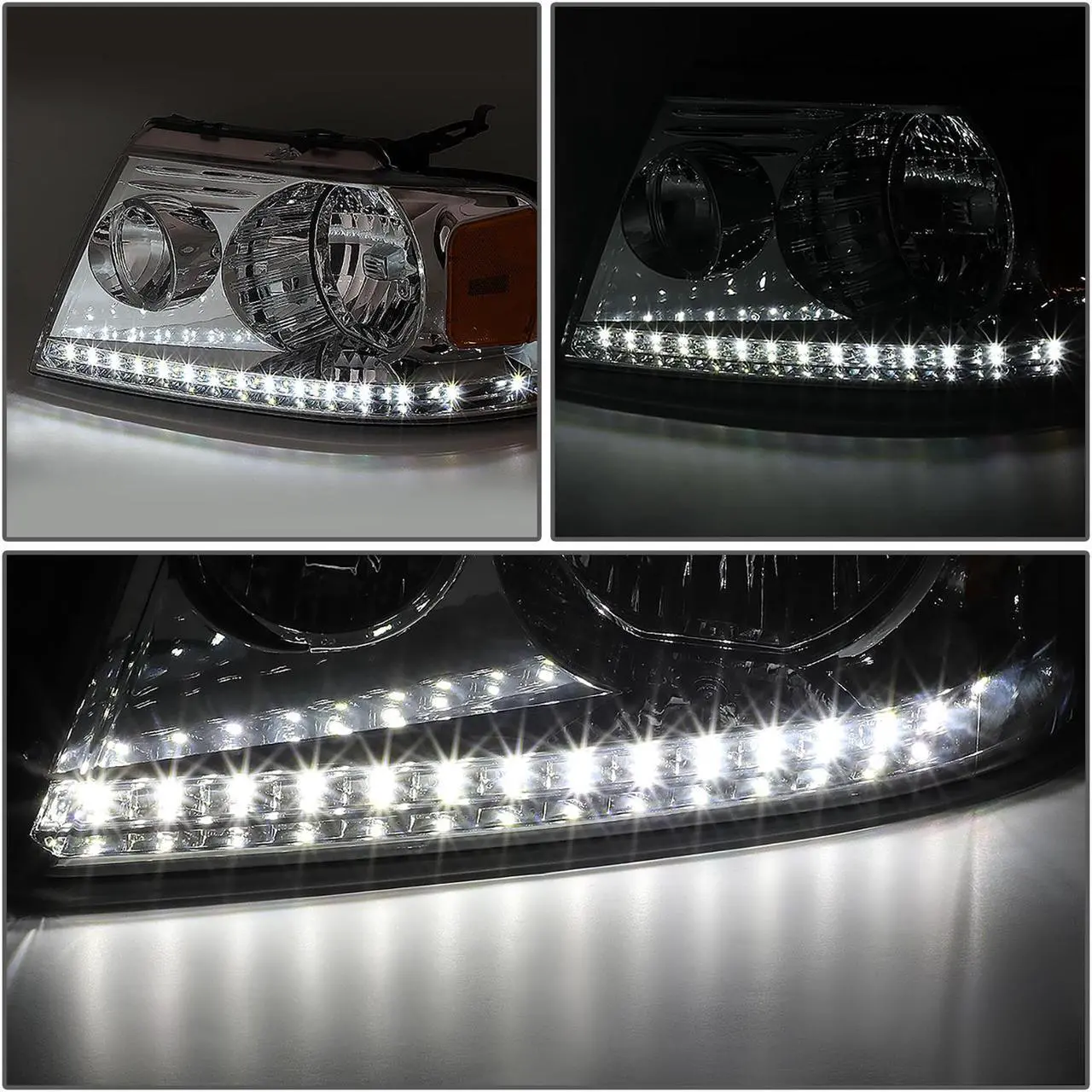 Alt view image 3 of 7 - DNA Motoring HL-LED-F15004-CH-AM For 2004 to 2008 Ford F-150 Lincoln Mark LT LED DRL Chrome Housing Amber Corner Halogen Headlight Replacement 05 06 07
