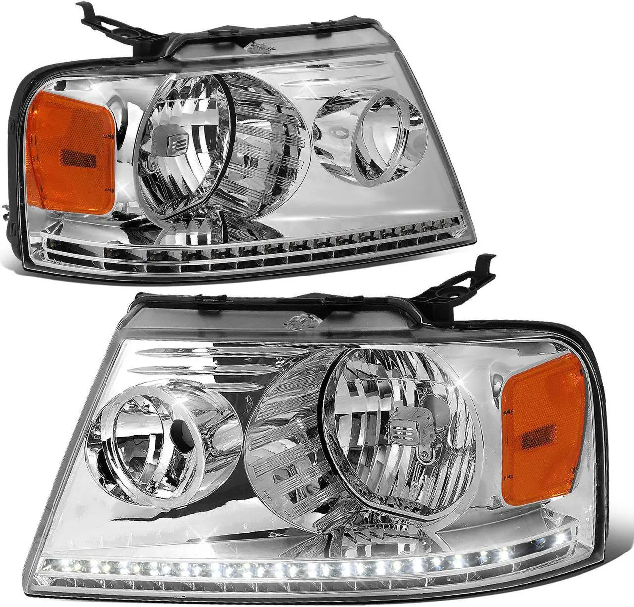 Main image of DNA Motoring HL-LED-F15004-CH-AM For 2004 to 2008 Ford F-150 Lincoln Mark LT LED DRL Chrome Housing Amber Corner Halogen Headlight Replacement 05 06 07