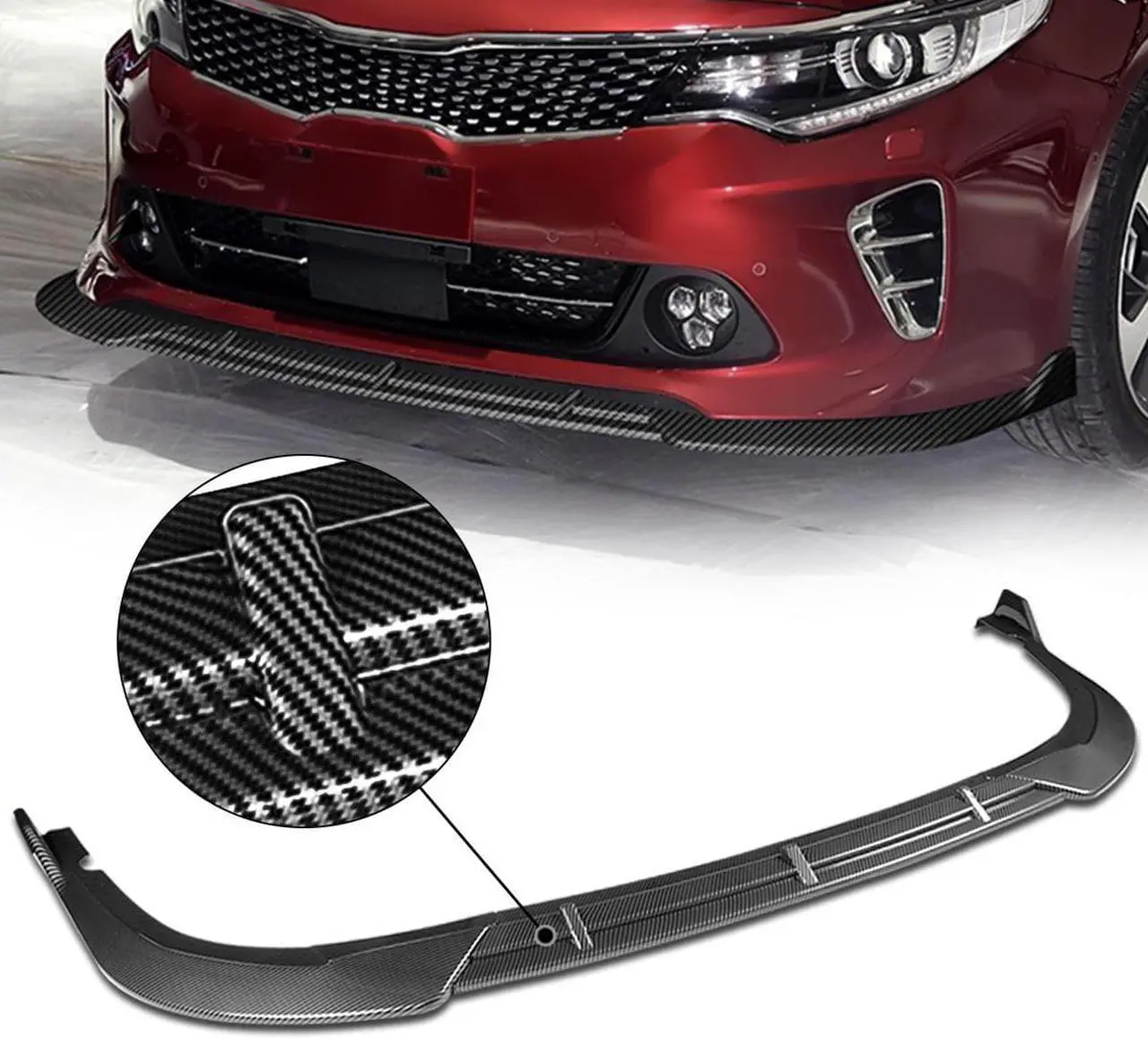 Alt view image 5 of 5 - For 2016 to 2018 Optima S SX SXL 3Pcs Carbon Fiber Look STP-Style Car Front Bumper Lip Guard Body Kit 17