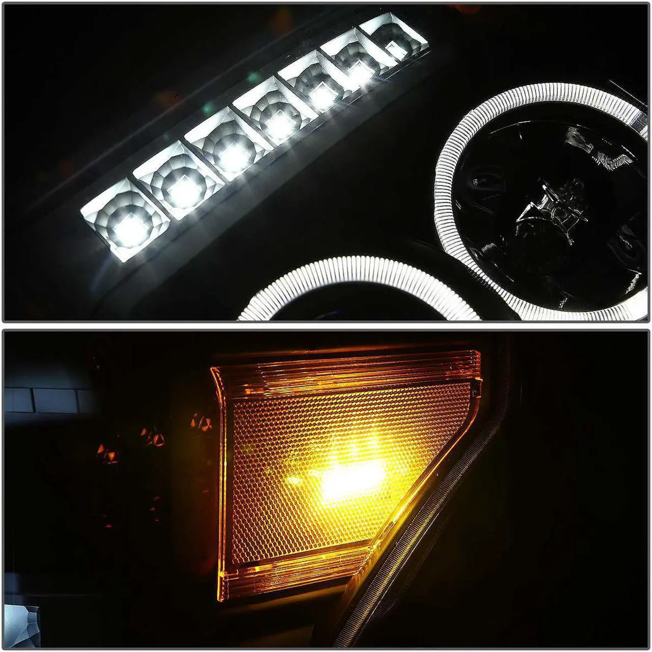 Alt view image 3 of 7 - DNA Motoring HL-HPL-LED-FSU13-BK-AM For 2011 to 2016 Ford F250 F350 F450 F550 Super Duty LED DRL Strip Dual Halo Ring Projector Headlight Black Housing Amber Corner Headlamp 12 13 14