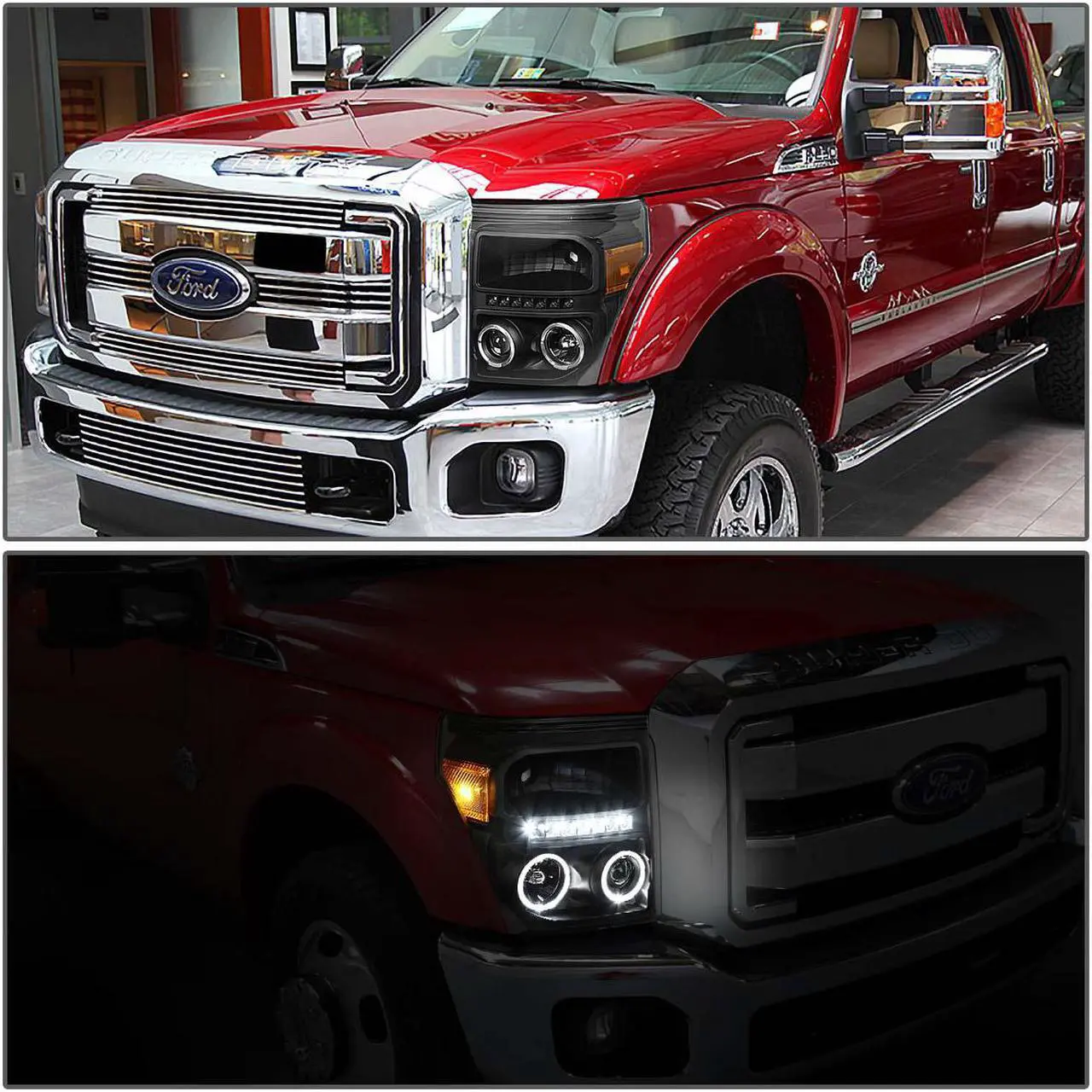 Alt view image 6 of 7 - DNA Motoring HL-HPL-LED-FSU13-BK-AM For 2011 to 2016 Ford F250 F350 F450 F550 Super Duty LED DRL Strip Dual Halo Ring Projector Headlight Black Housing Amber Corner Headlamp 12 13 14