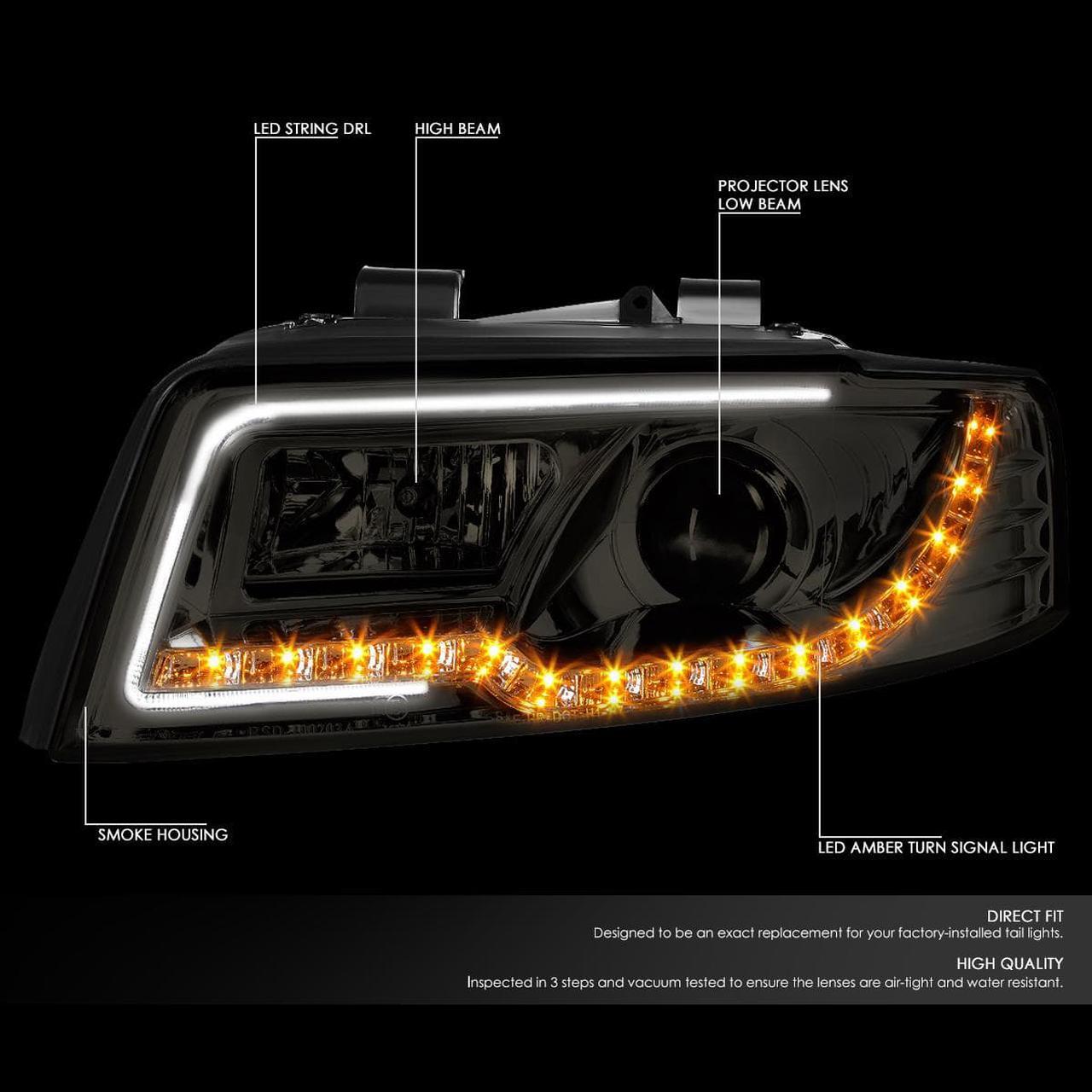 Alt view image 2 of 7 - DNA Motoring HL-HPL-DRL-A402-SM For 2002 to 2005 Audi A4/A4 Quattro B6 Amber LED Turn Signal Strip Projector HeadLight Smoked Housing Headlamp 03 04 Left + Right