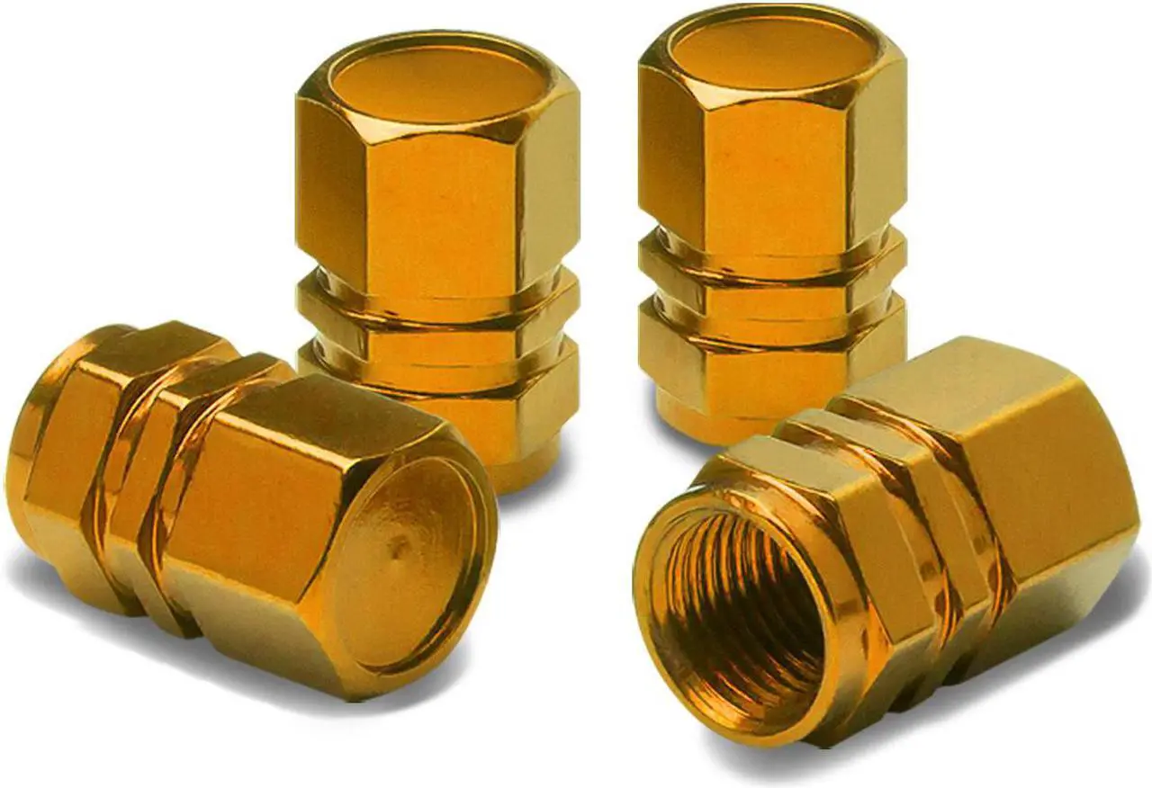 Main image of DNA Motoring VCAP-RT-059-GD Hexagon Style Polished Aluminum Gold Chrome Tire Valve Stem Caps (Pack of 4)