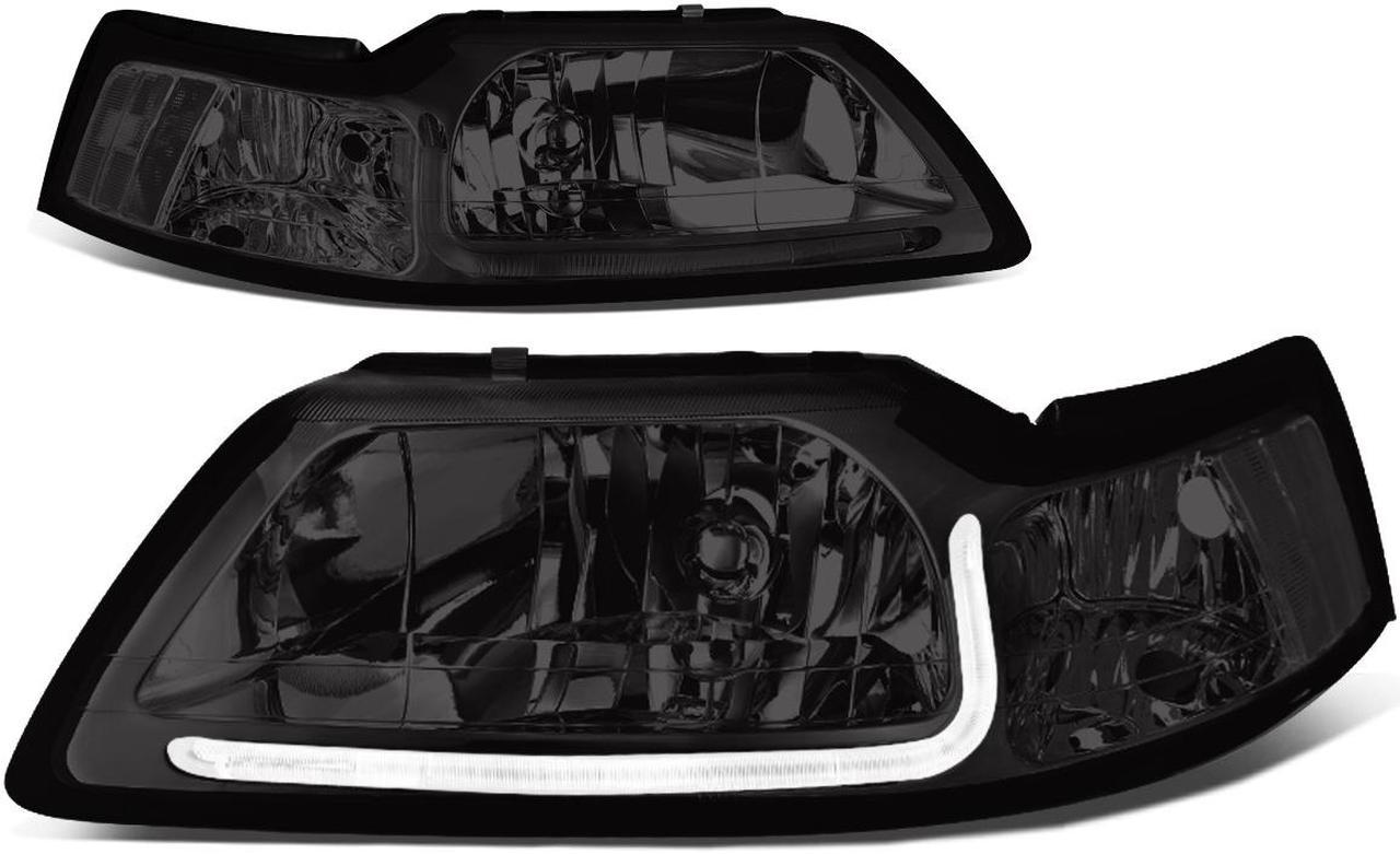 DNA Motoring HL-LB-FM99-SM-CL1 For 1999 to 2004 Ford Mustang LED Daytime Running Light Bar Headlight Smoked Housing Clear Corner Headlamp 00 01 02 03 Left + Right