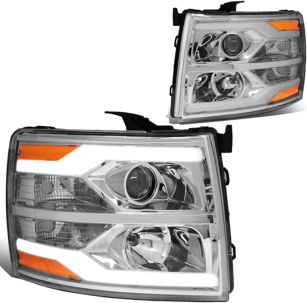 Main image of DNA Motoring HL-HPL-CSIL07-G2-CH-AM For 2007 to 2014 Chevy Silverado Dual LED DRL Strip Projector Headlight Chrome Housing Amber Side Headlamp 08 09 10 11 12 13 1500 2500 3500