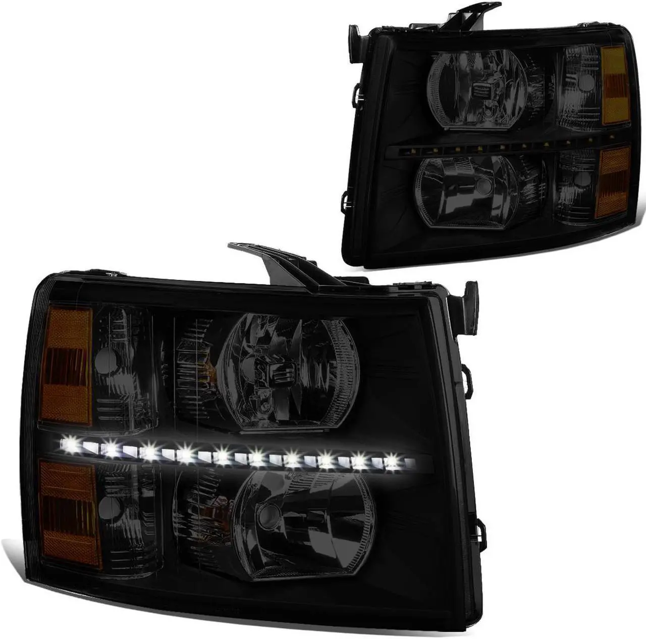 Main image of DNA Motoring HL-LED-CSIL07-BK-SM-AM For 2007 to 2014 Chevy Silverado 1500 2500 3500 LED DRL Strip Headlight Smoked Housing Amber Corner Headlamp 08 09 10 11 12 13 Left + Right