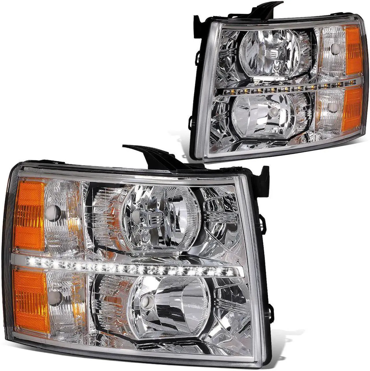 Main image of DNA Motoring HL-LED-CSIL07-CH-AM For 2007 to 2014 Chevy Silverado 1500 2500 3500 LED DRL Strip Headlight Chrome Housing Amber Corner Headlamp 08 09 10 11 12 13 Left + Right