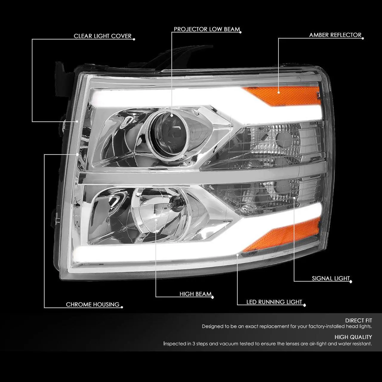 Alt view image 2 of 7 - DNA Motoring HL-HPL-CSIL07-G2-CH-AM For 2007 to 2014 Chevy Silverado Dual LED DRL Strip Projector Headlight Chrome Housing Amber Side Headlamp 08 09 10 11 12 13 1500 2500 3500