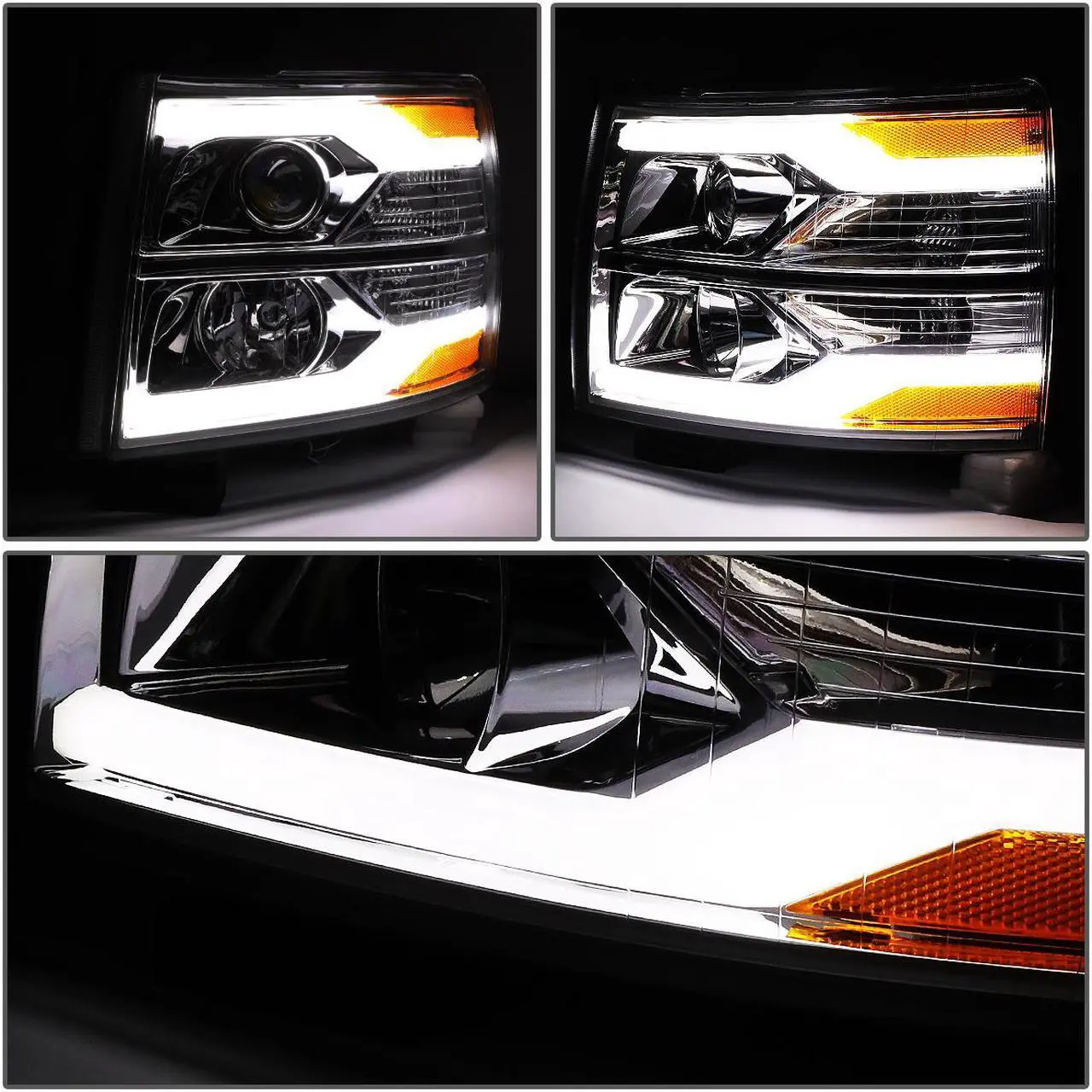 Alt view image 3 of 7 - DNA Motoring HL-HPL-CSIL07-G2-CH-AM For 2007 to 2014 Chevy Silverado Dual LED DRL Strip Projector Headlight Chrome Housing Amber Side Headlamp 08 09 10 11 12 13 1500 2500 3500