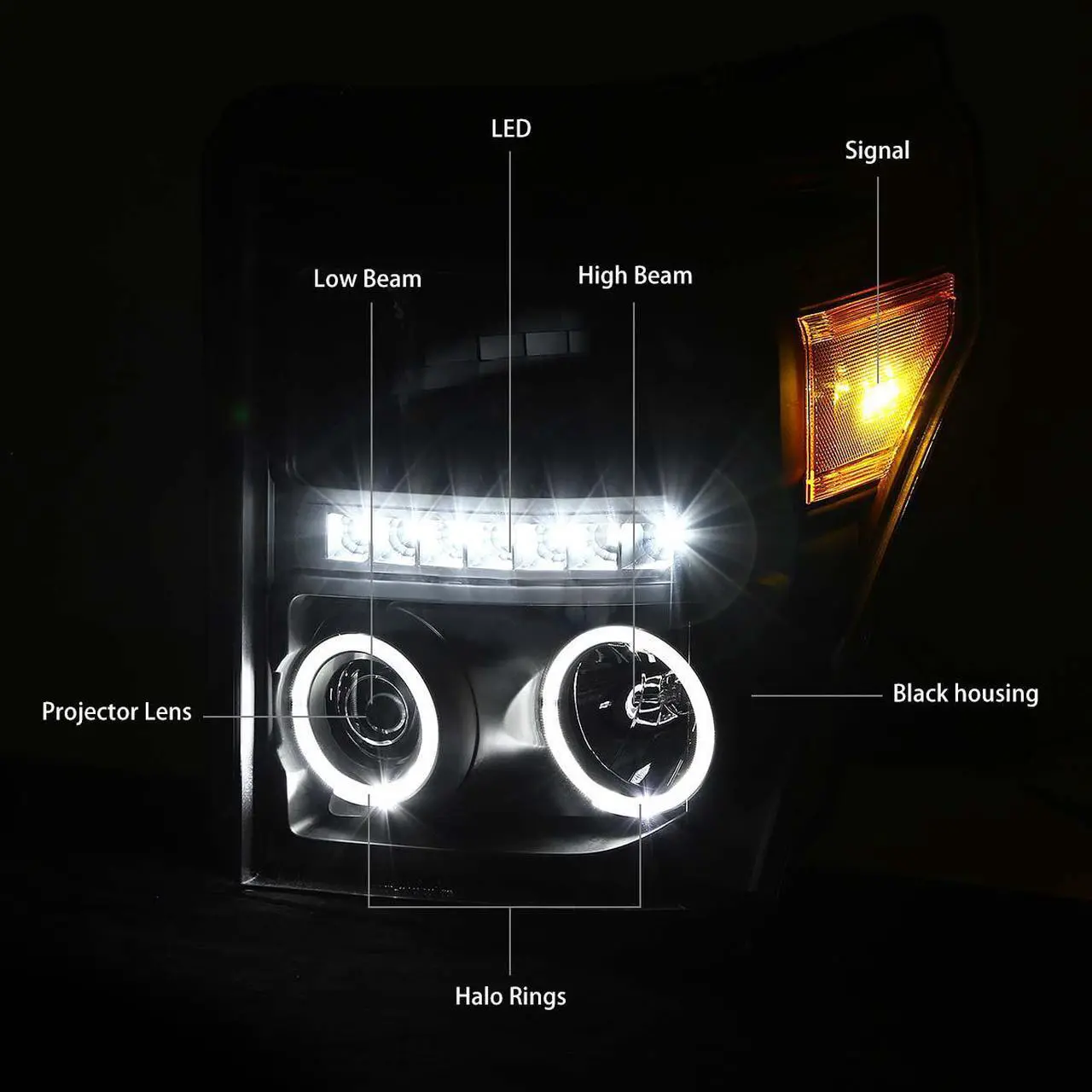 Alt view image 2 of 7 - DNA Motoring HL-HPL-LED-FSU13-BK-AM For 2011 to 2016 Ford F250 F350 F450 F550 Super Duty LED DRL Strip Dual Halo Ring Projector Headlight Black Housing Amber Corner Headlamp 12 13 14