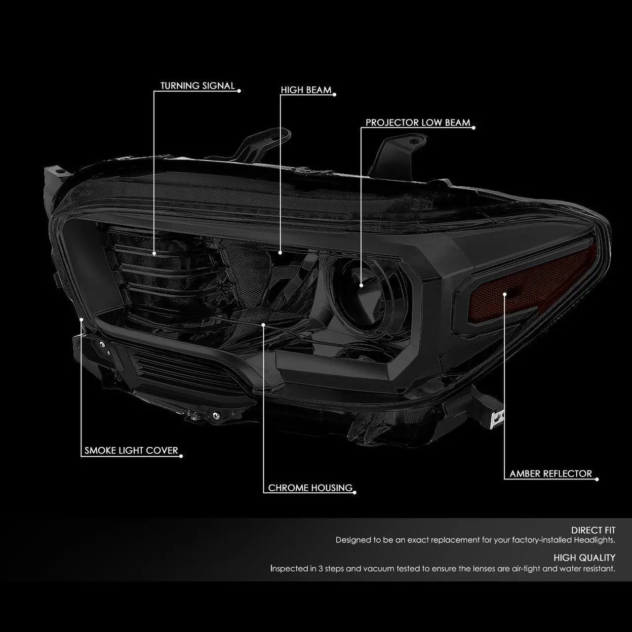 Alt view image 2 of 7 - DNA Motoring HL-OH-TTAM16-SM-AM For 2016 to 2020 Toyota Tacoma Pair Smoked Housing Amber Corner Projector Headlight / Headlamp Set 17