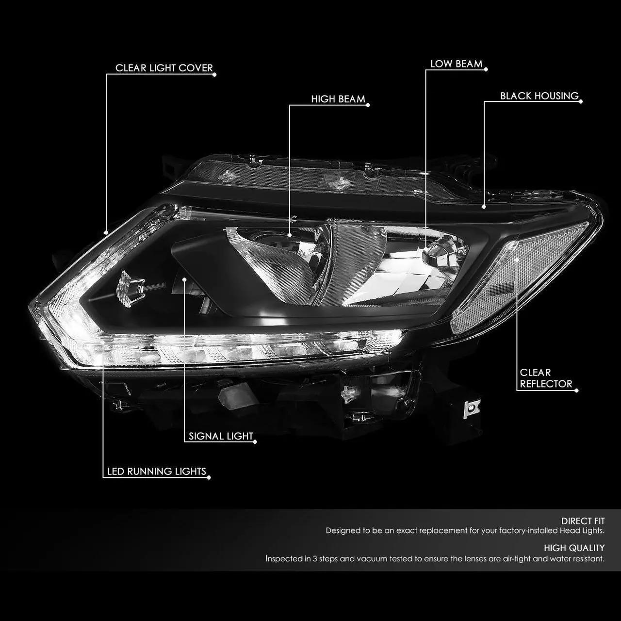 Alt view image 2 of 7 - DNA Motoring HL-OH-NROG14-BK-CL1 For 2014 to 2016 Nissan Rogue Pair Black Housing Clear Side LED DRL Strip Front Driving HeadLight Headlamp 15
