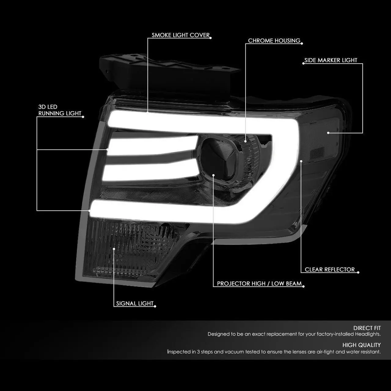Alt view image 2 of 7 - DNA Motoring HL-3D-F15009-SM-CL1 For 2009 to 2014 Ford F150 Pair Smoked Housing Clear Corner 3D LED DRL Projector Headlight Headlamps 10 11 12 13