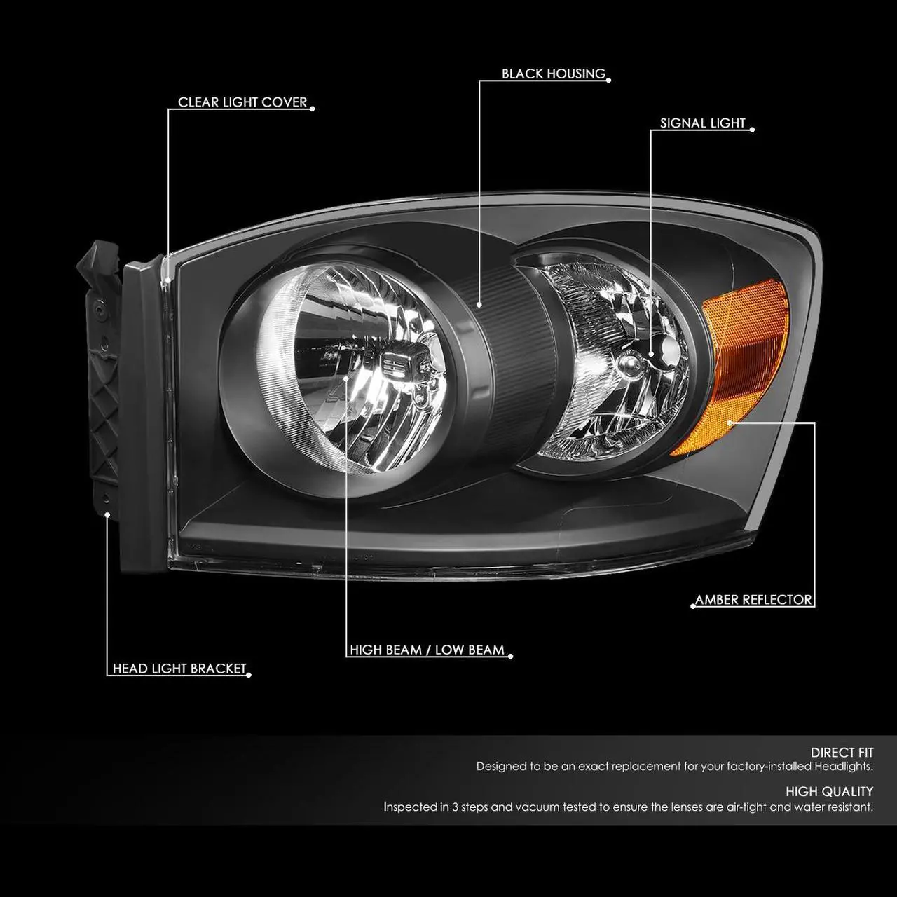Alt view image 2 of 7 - DNA Motoring HL-OH-RM06-BK-AM For 2006 to 2009 Dodge Ram Truck 1500 2500 3500 Pair Black Housing Amber Corner Front Driving Headlight Lamps 07 08 ( Black / Clear )