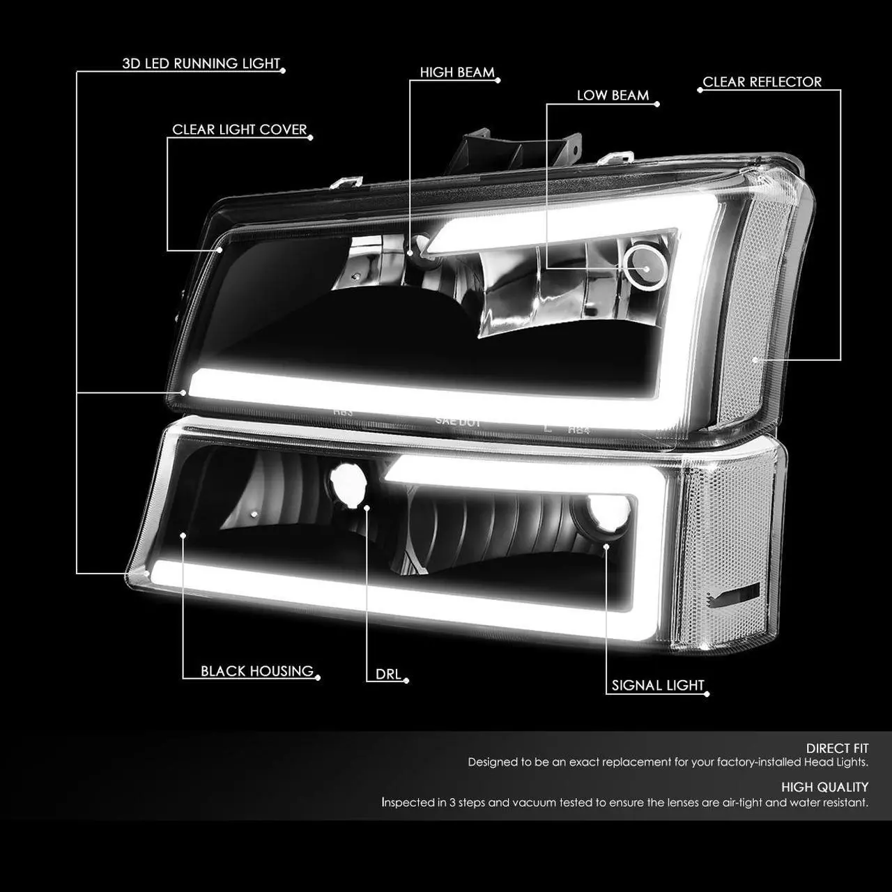 Alt view image 2 of 7 - DNA Motoring HL-LB-CSIL03-BK-CL1 For 2003 to 2007 Chevy Silverado 1500 2500 3500HD Classic Avalanche Pair 3D LED DRL Bar Headlight + Bumper Lamps Black 04 05 06