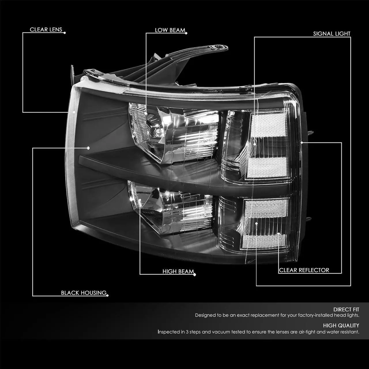 Alt view image 2 of 7 - DNA Motoring HL-OH-CSIL07-BK-CL1 For 2007 to 2013 Chevy Silverado 1500 2500HD 3500HD Headlight Black Housing Clear Corner Headlamp 08 09 10 11 12 Left + Right
