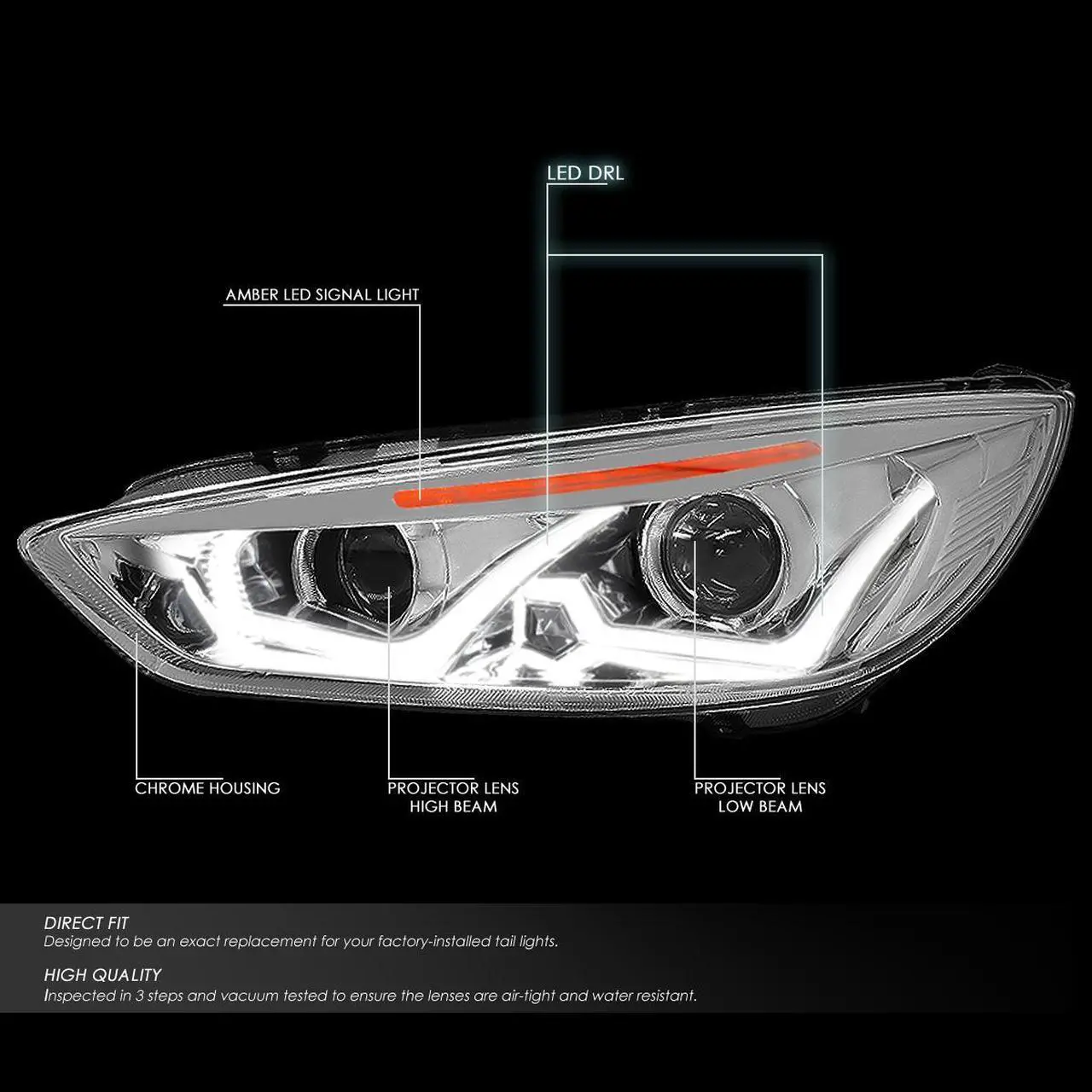 Alt view image 2 of 7 - DNA Motoring HL-HPL-LED-FF16-CH-AM For 2015 to 2018 Focus Dual HALO LED DRL Light Bar+Turn Signal Projector Headlight Chrome Housing Amber Corner Headlamp 16