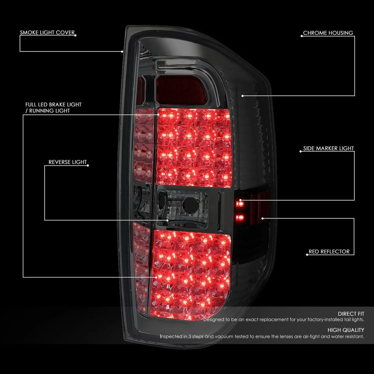 Alt view image 2 of 7 - DNA Motoring TL-TTU15-LED-CH-SM For 2014 to 2018 Tundra Pair Smoked Housing Full LED Tail Light Brake / Reverse Lamps