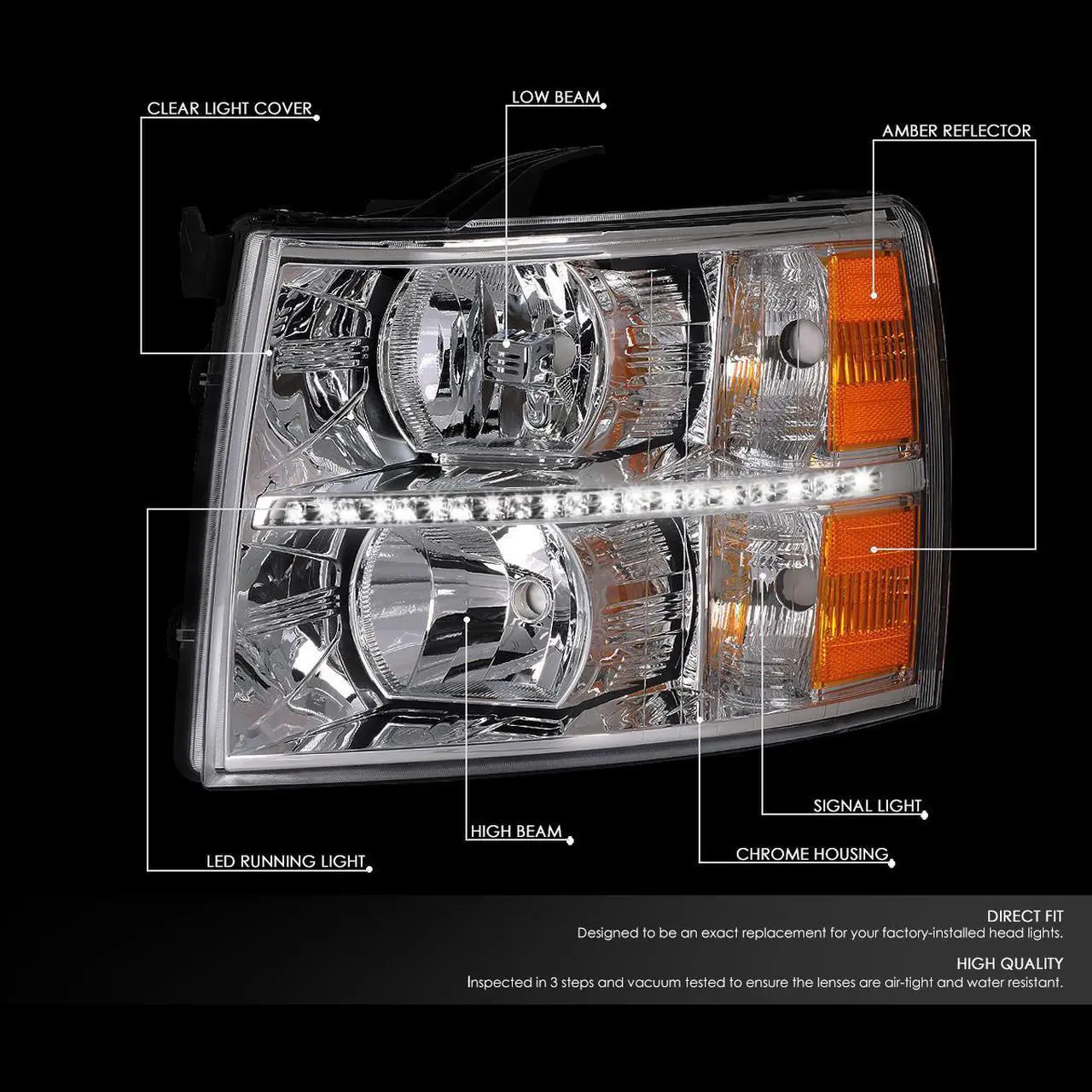 Alt view image 2 of 7 - DNA Motoring HL-LED-CSIL07-CH-AM For 2007 to 2014 Chevy Silverado 1500 2500 3500 LED DRL Strip Headlight Chrome Housing Amber Corner Headlamp 08 09 10 11 12 13 Left + Right