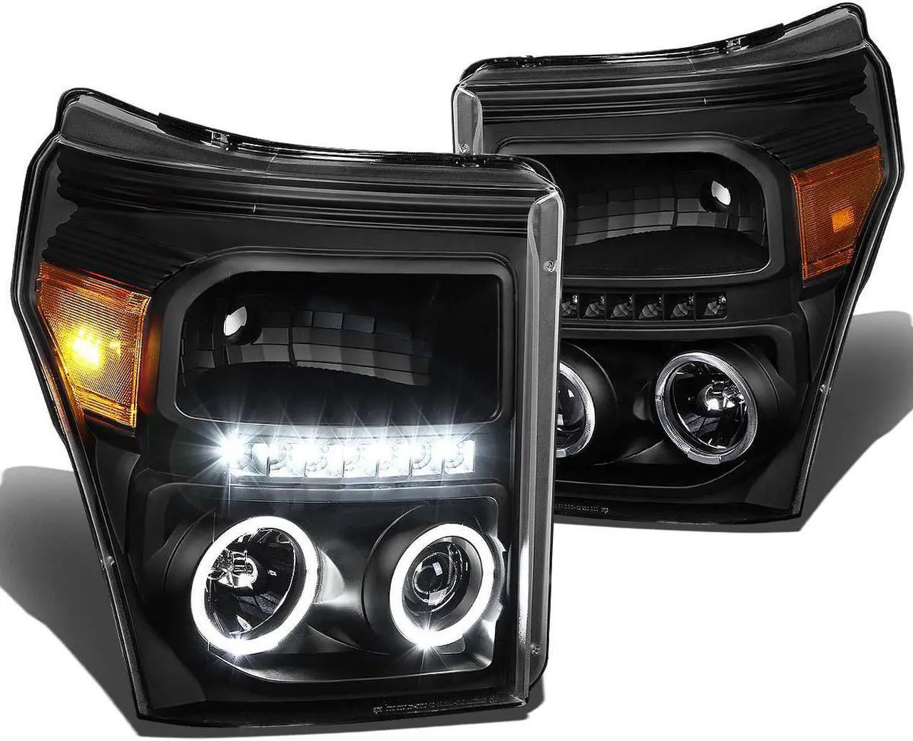 Main image of DNA Motoring HL-HPL-LED-FSU13-BK-AM For 2011 to 2016 Ford F250 F350 F450 F550 Super Duty LED DRL Strip Dual Halo Ring Projector Headlight Black Housing Amber Corner Headlamp 12 13 14