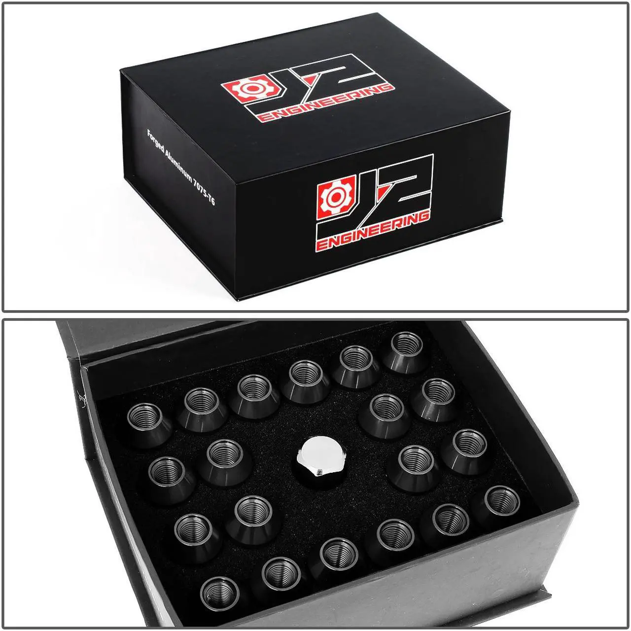 Alt view image 7 of 7 - J2 Engineering LN-T7-013-15-BK J2 Engineering 7075 -T6 Forged Aluminum M12X1.5 20Pcs 50mm Height Open -End Lug Nut Sets w / Socket Adapter (Black)