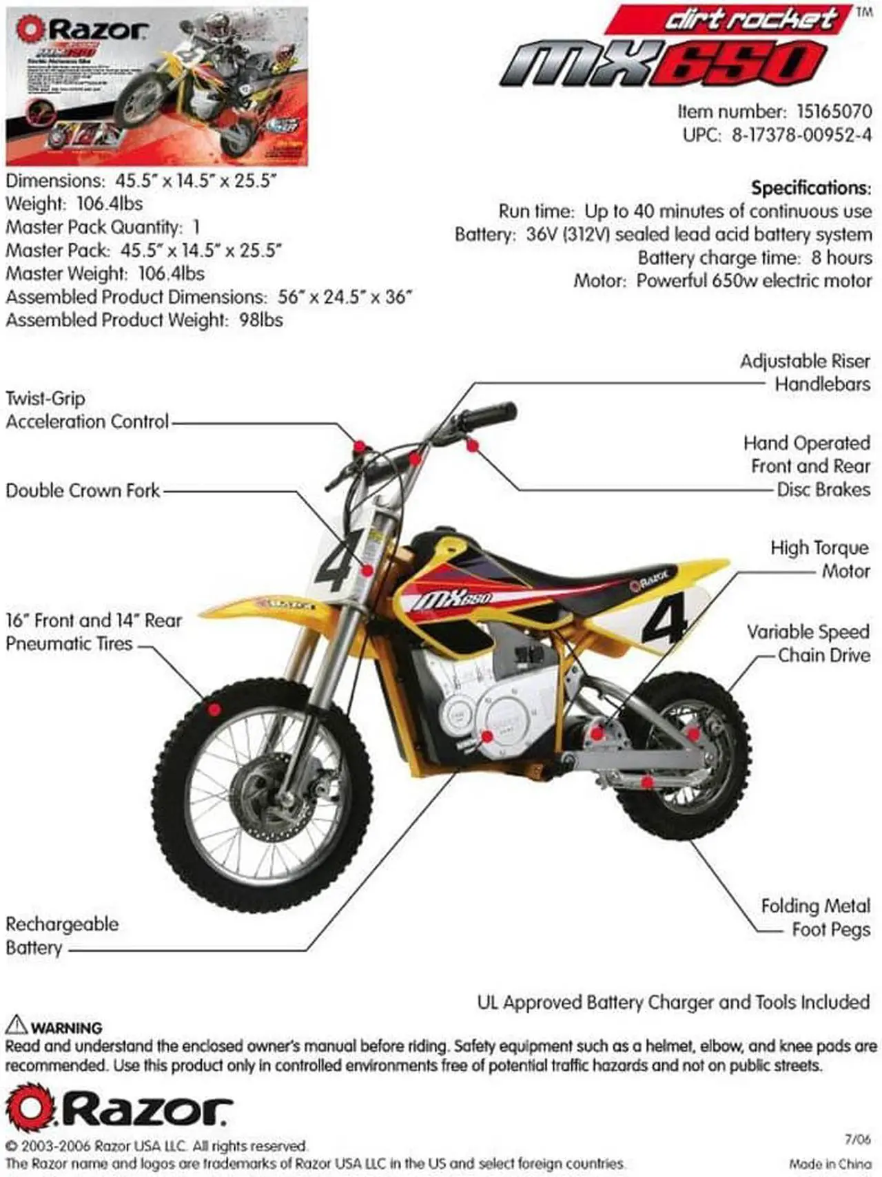 Alt view image 3 of 13 - Razor Dirt Rocket MX650 Electric Off-Road Bike
