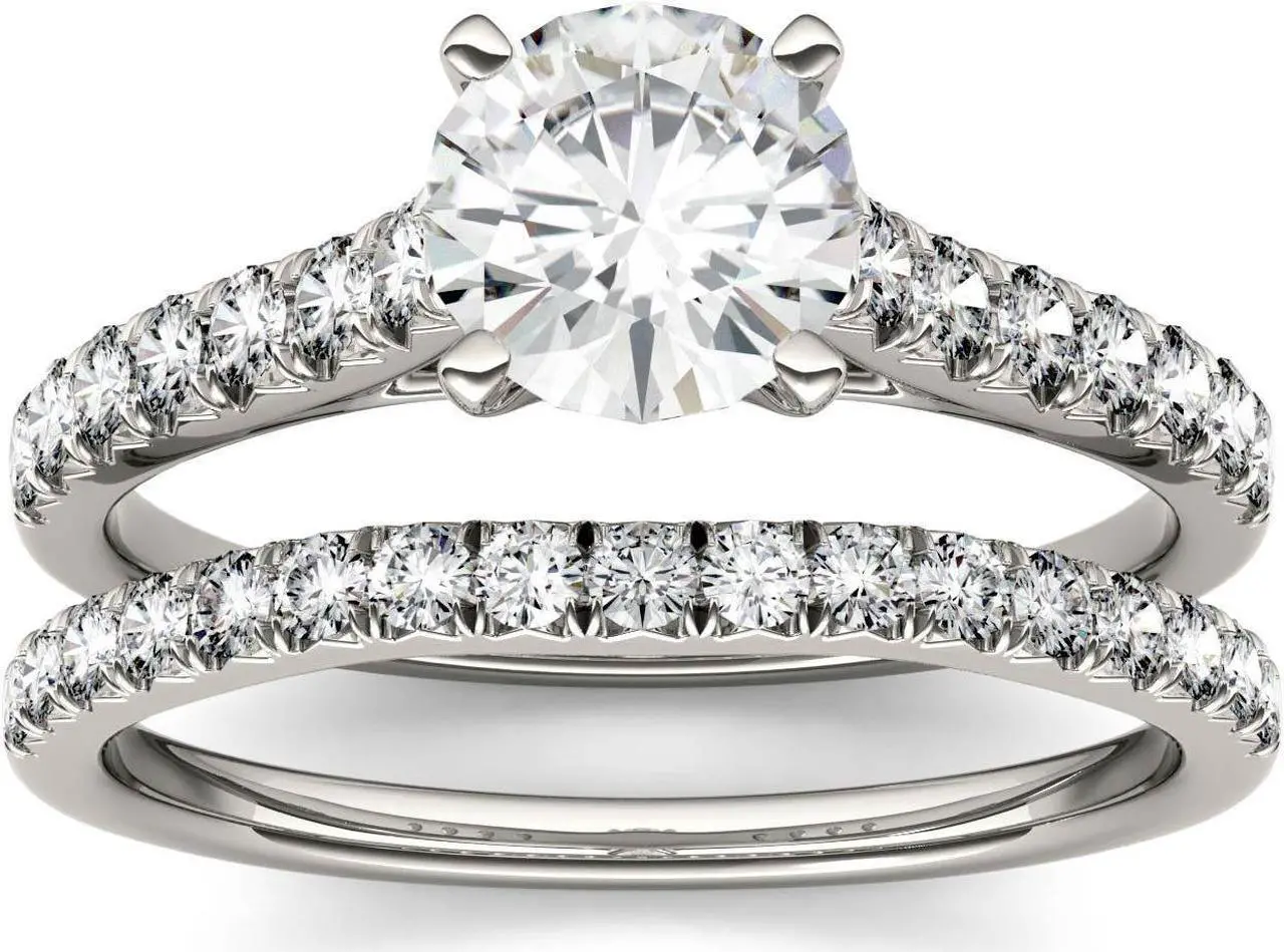 Main image of 14K White Gold Moissanite by Charles & Colvard 6.5mm Round Bridal Set-size 6 1.61cttw DEW