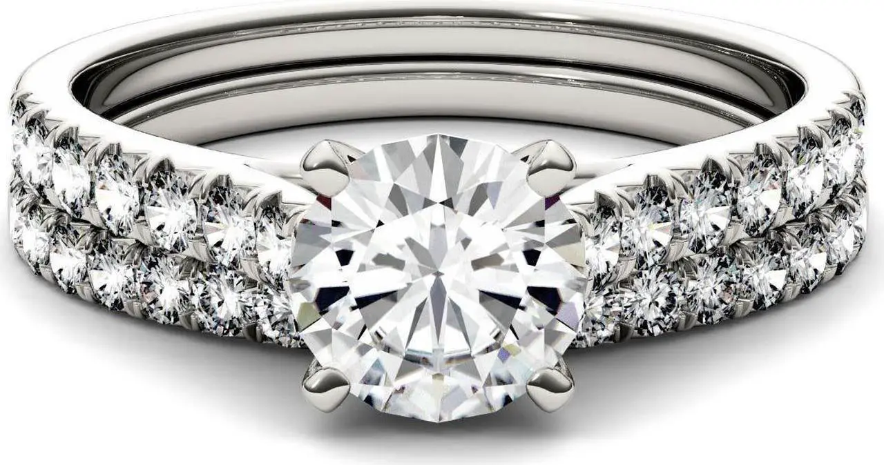 Alt view image 4 of 6 - 14K White Gold Moissanite by Charles & Colvard 6.5mm Round Bridal Set-size 6 1.61cttw DEW