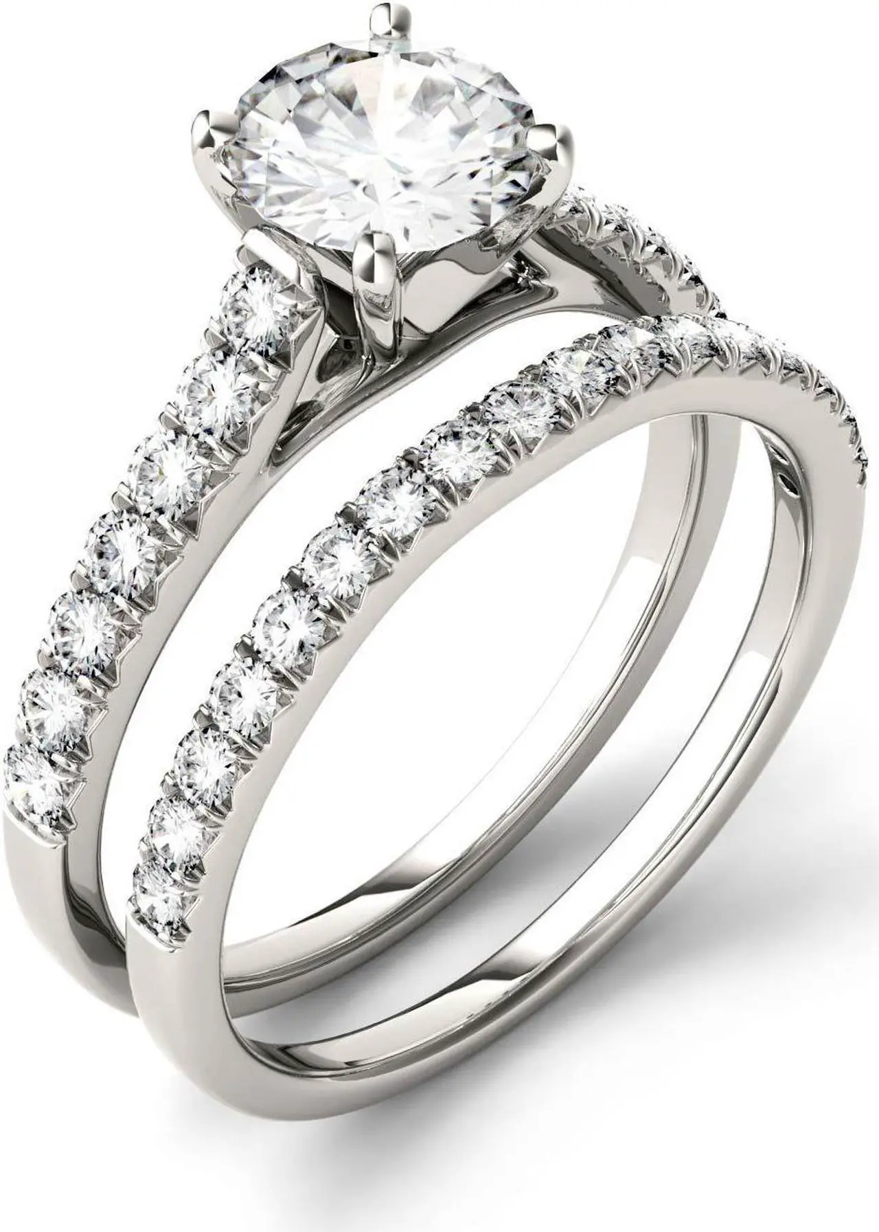 Alt view image 2 of 6 - 14K White Gold Moissanite by Charles & Colvard 6.5mm Round Bridal Set-size 6 1.61cttw DEW