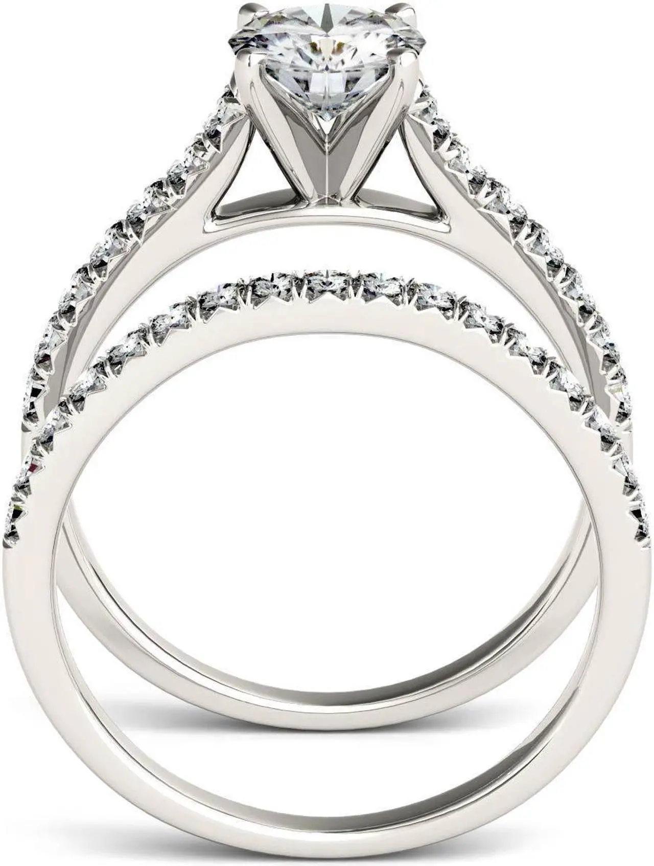 Alt view image 3 of 6 - 14K White Gold Moissanite by Charles & Colvard 6.5mm Round Bridal Set-size 6 1.61cttw DEW