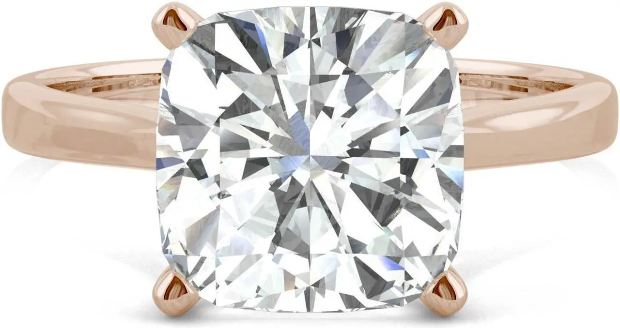 Alt view image 4 of 7 - 14K Rose Gold Moissanite by Charles & Colvard 9.0mm Cushion Solitaire Ring- size 9 3.30ct DEW