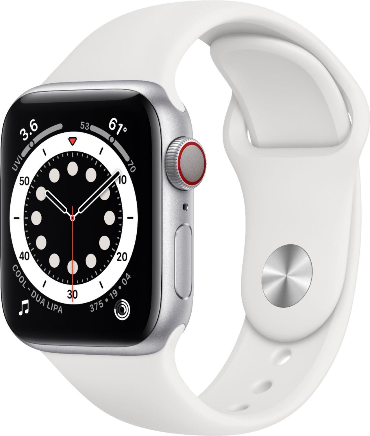 Alt view image 6 of 14 - Apple Watch Series 6 40mm Silver Aluminum Case with White Sport Band GPS + Cellular M02N3LL/A