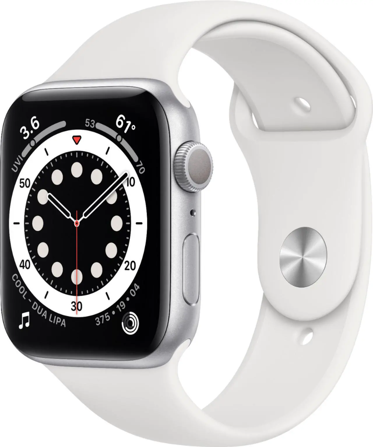 Alt view image 6 of 14 - Apple Watch Series 6 44mm Silver Aluminum Case with White Sport Band GPS M00D3LL/A A2292