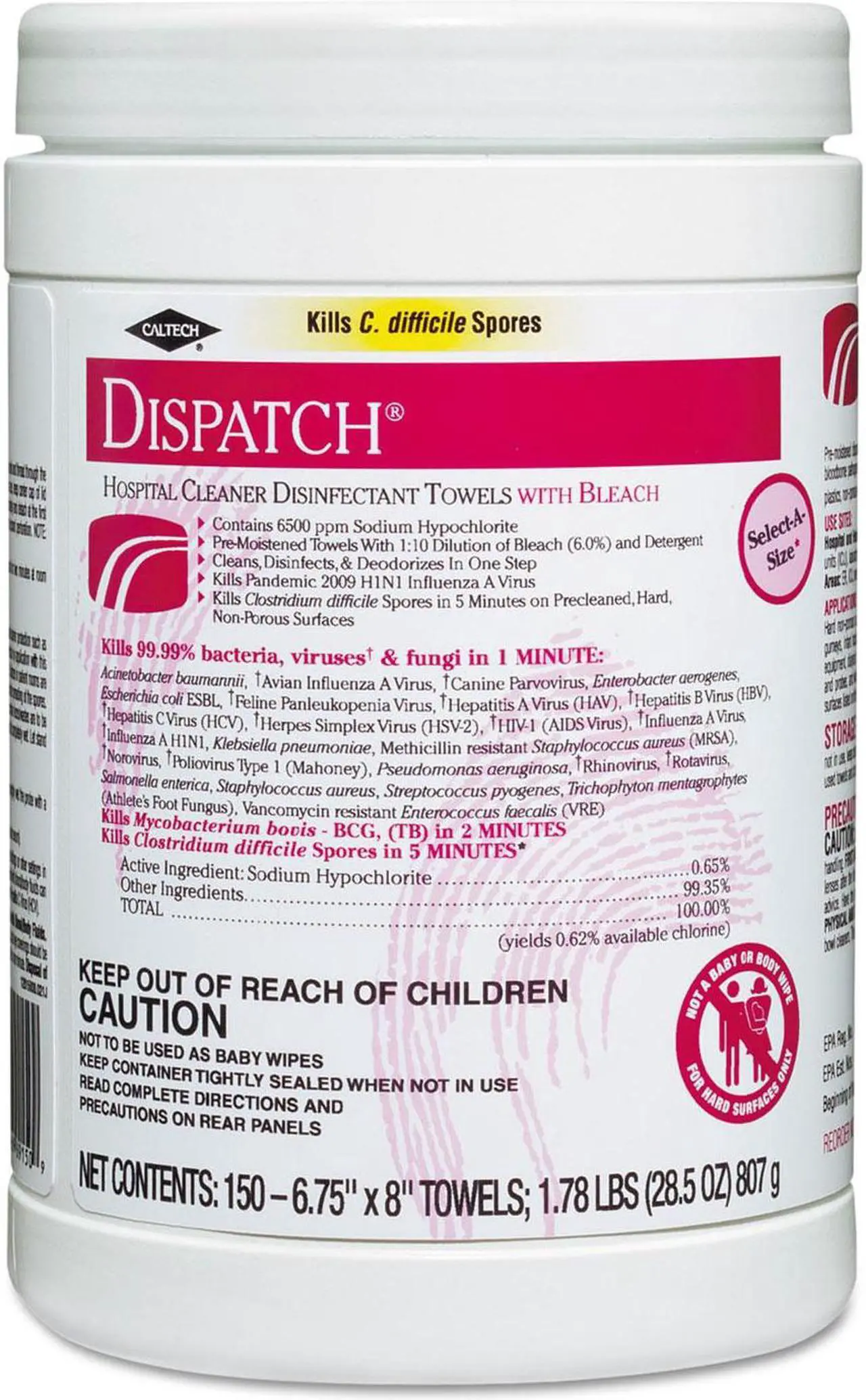 Main image of Clorox CLO 69150 Dispatch Hospital Cleaner Disinfectant Towels with Bleach Wipes Canister (150 CT.)