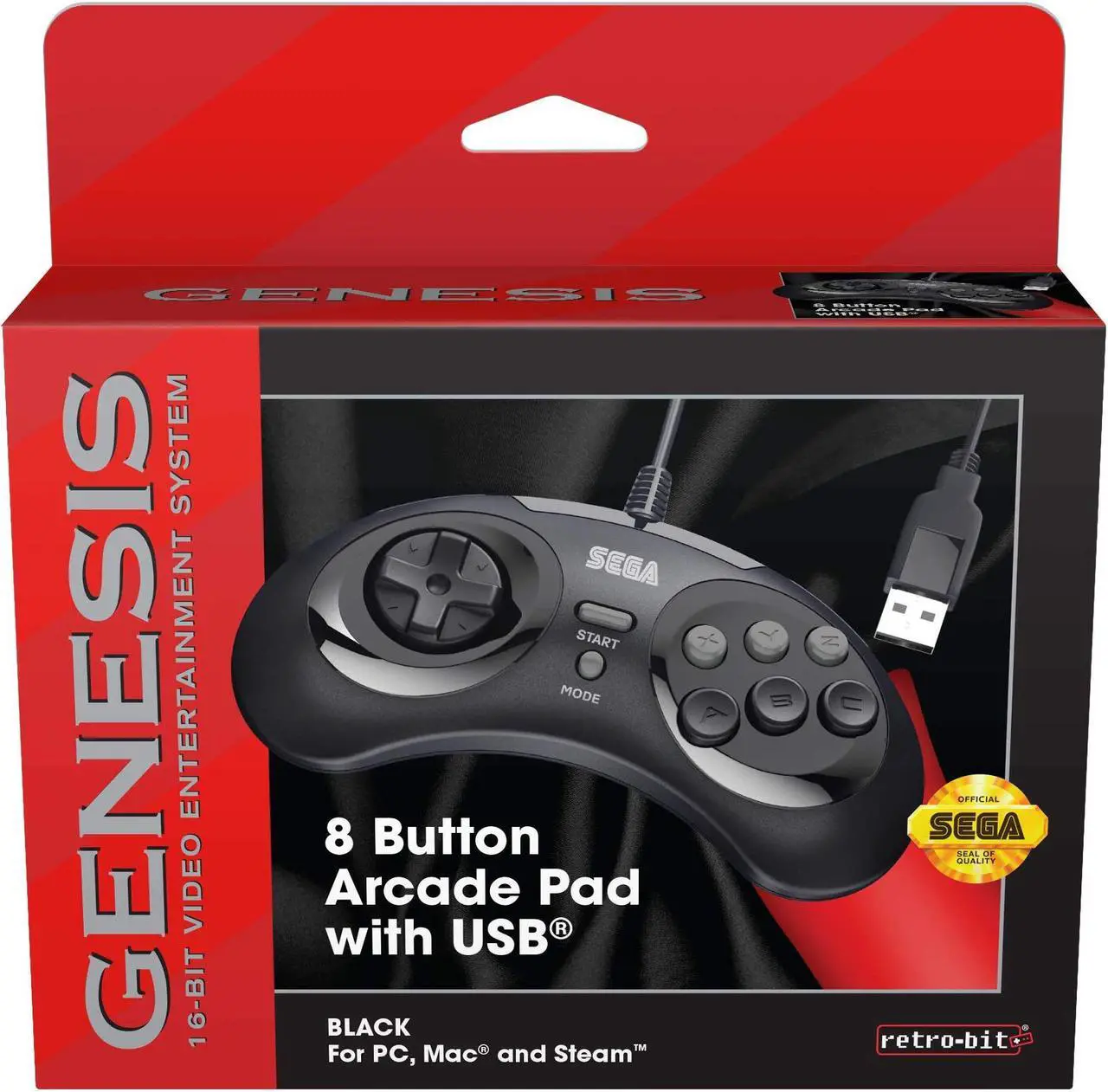 Alt view image 2 of 14 - Retro-Bit Official Sega Genesis 8-Button Arcade Pad- USB Port - Black - PC/Mac