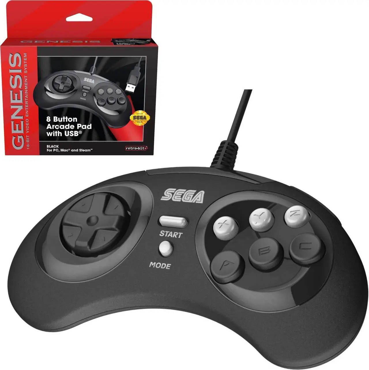 Main image of Retro-Bit Official Sega Genesis 8-Button Arcade Pad- USB Port - Black - PC/Mac