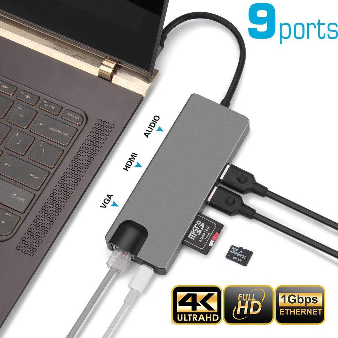 Jansicotek USB C Hub 9-in-1 Type C Adapter with 4K USB C to HDMI, 2 USB 3.0 Ports, 60W PD 3.0, Gigabit Ethernet, SD and Micro SD Card Reader, VGA Port, Audio Port for MacBook Pro 2019/2018/2017, XPS