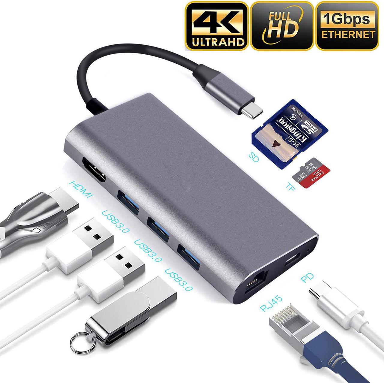 Jansicotek USB C Hub, 8-in-1 Type C Hub with 4K@30Hz HDMI, VGA, 60W USB-C Power Delivery, 3 USB 3.0 Port, RJ45 Ethernet, Micro SD Card Reader, Portable for MacBook/Pro/Air/IMAC and More Type C Devices