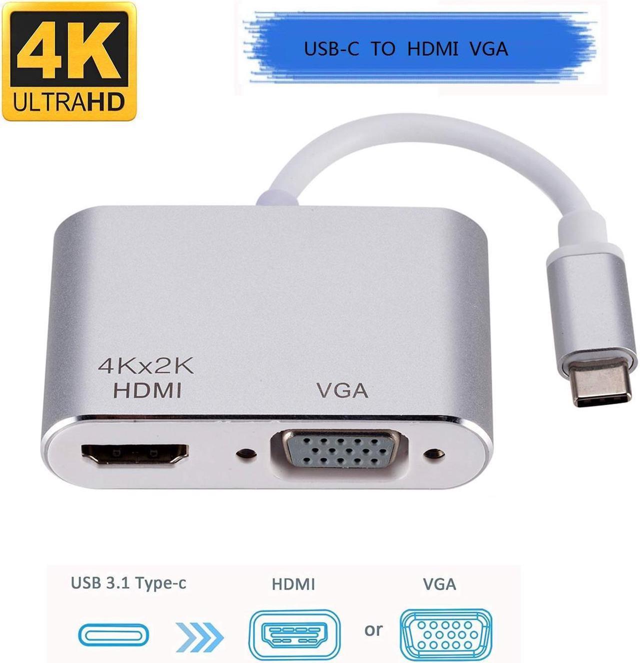 USB C to HDMI VGA Adapter,Jansicotek USB C Hub with 4K HDMI, 1080P VGA, 2 Screens Same Display,Compatible with MacBook Pro/Air/ipad Pro 2018/Dell XPS/Nintendo Switch/Samsung More-Silver