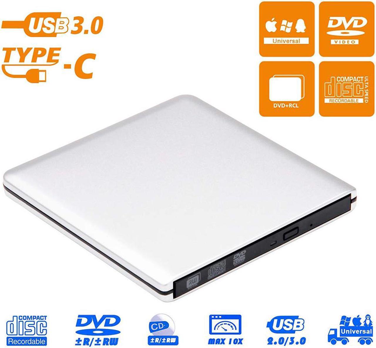 Aluminum External DVD Drive, USB 3.0 USB-C Portable VCD/CD/DVD Optical Drive CD/VCD Rewriter Burner Writer Plug and Play for CD/DVD+/-RW etc DVD Drive for Laptop/Macbook/iMac/Destop, Silver