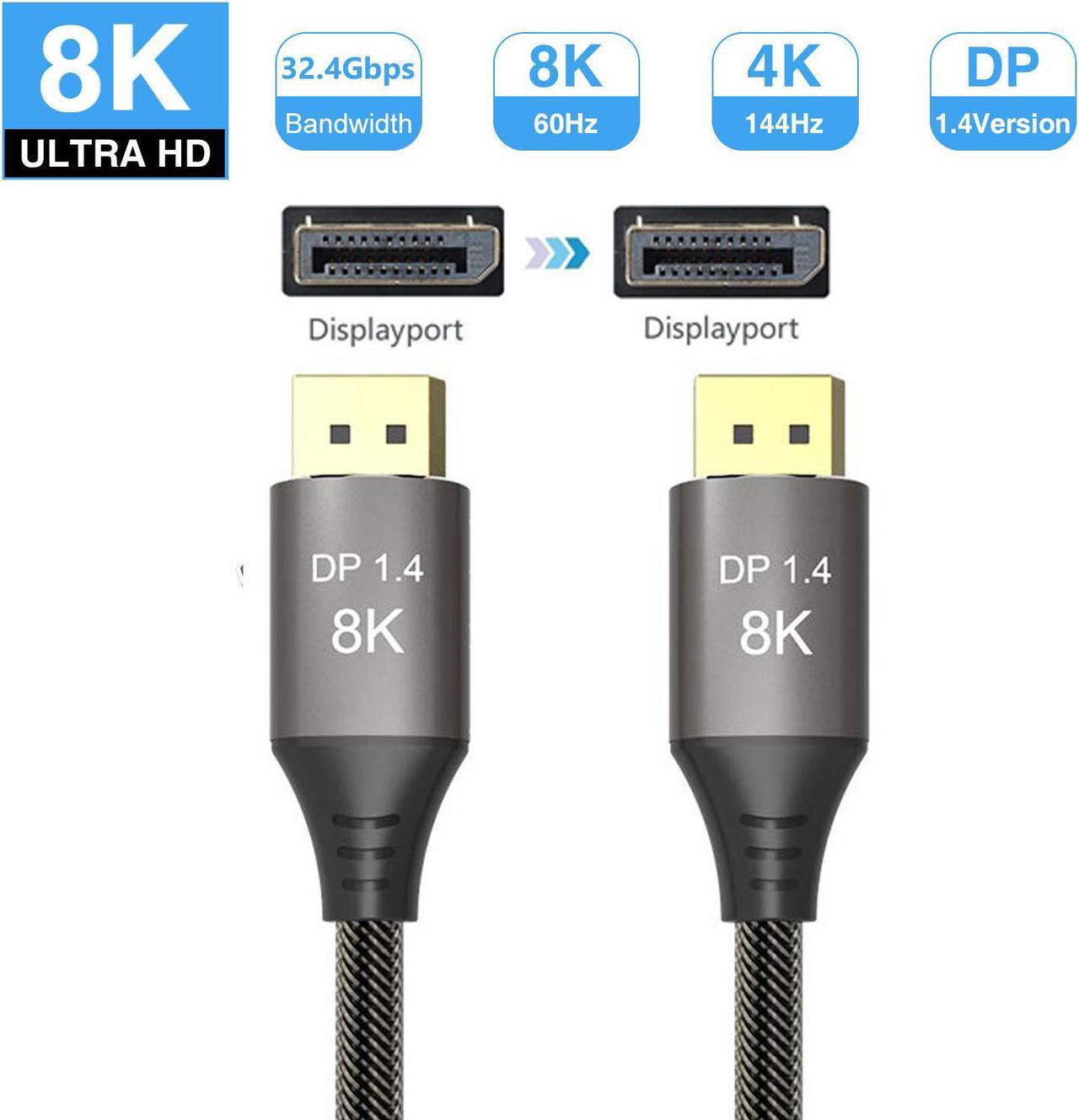 DisplayPort 1.4 Cable M/M DP 8K@60Hz 4K@144 DP1.4 Cable DP Gold-plated DisplayPort Cable, 7680x4320 Resolution, 8K@60Hz, 4K@144Hz, 32.4Gbps, HDP, HDCP for PC, Laptop, HDTV, DP to DP Cable, 6.6ft