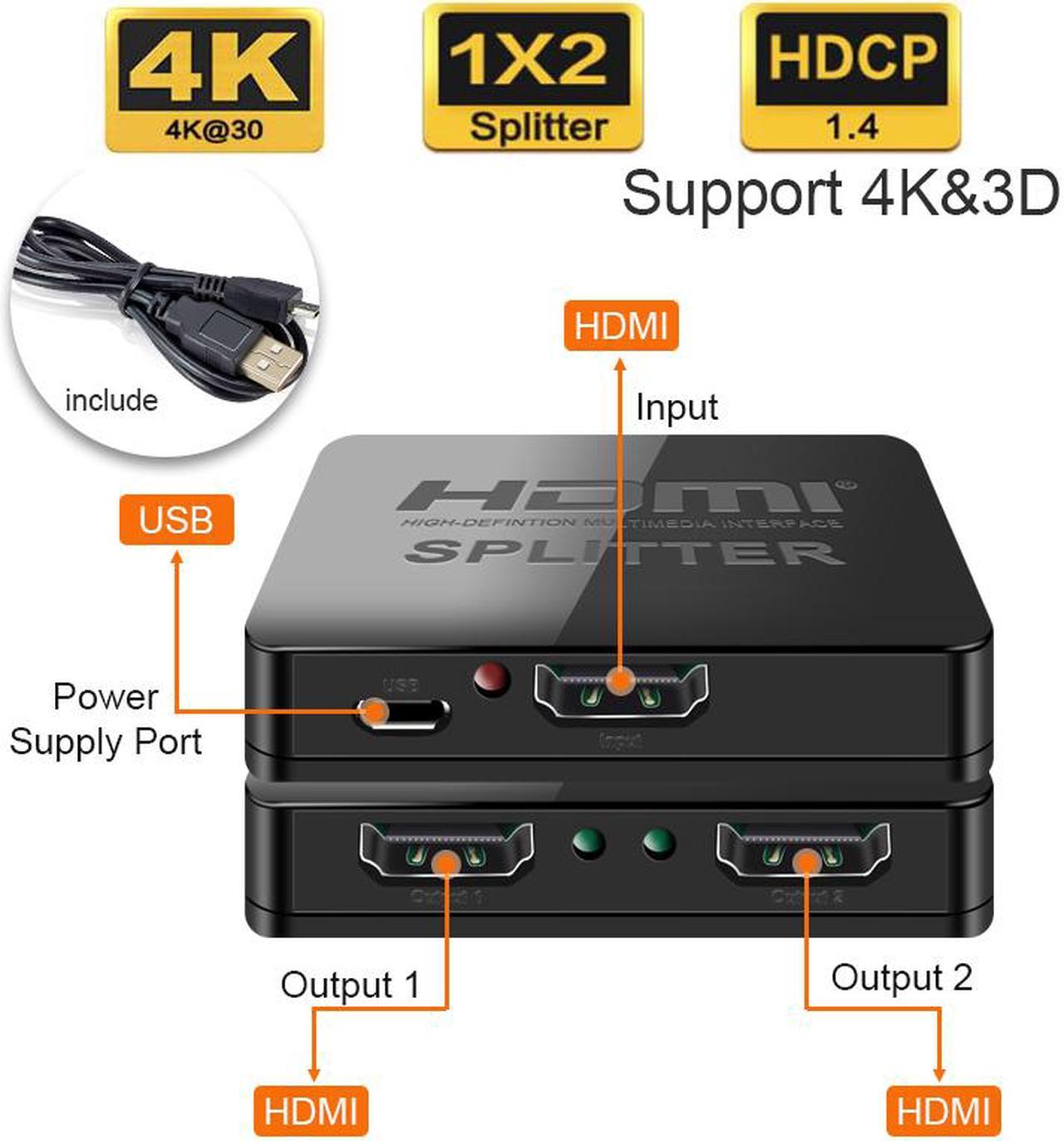 Jansicotek HDMI Splitter 1 in 2 Out, (One Input To Two Outputs) HDMI 1.4 Splitter, Supports 4Kx2K,HDCP 1.2 & 3D 1080P Compatible for Xbox PS4 Blu-Ray HDTV (Black)