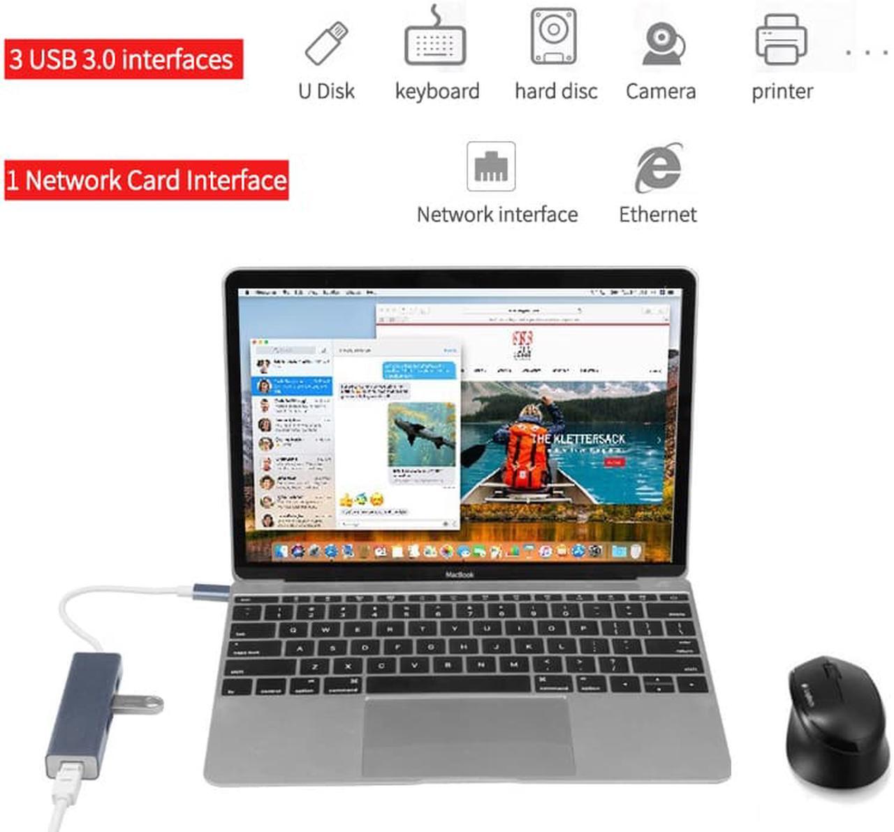 Alt view image 6 of 7 - USB C to Ethernet Adapter, Type C to 3 USB 3.0 Ports, RJ45 Gigabit Network Hub, 10/100/1000 Mbps, Compatible with MacBook Pro 2019/2018/2017 and Other Type C Laptops and More  - Silver