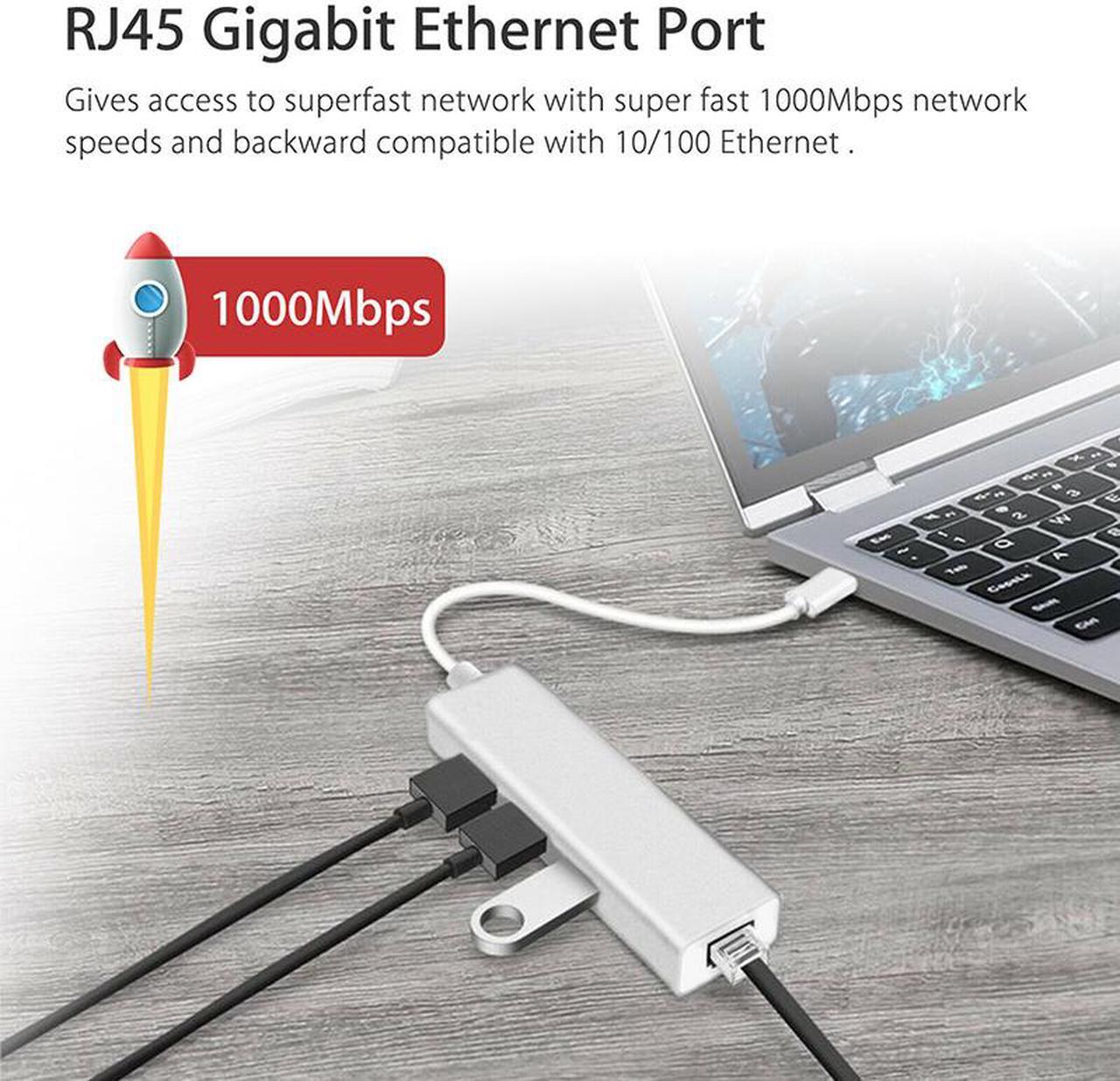 Alt view image 4 of 7 - USB C to Ethernet Adapter, Type C to 3 USB 3.0 Ports, RJ45 Gigabit Network Hub, 10/100/1000 Mbps, Compatible with MacBook Pro 2019/2018/2017 and Other Type C Laptops and More  - Silver