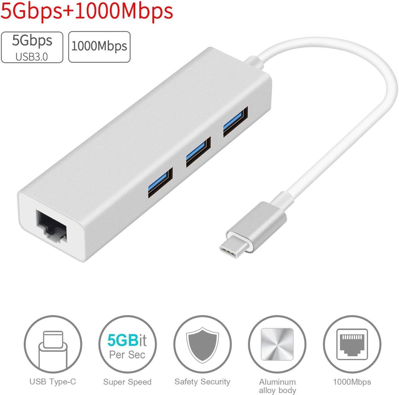 Main image of USB C to Ethernet Adapter, Type C to 3 USB 3.0 Ports, RJ45 Gigabit Network Hub, 10/100/1000 Mbps, Compatible with MacBook Pro 2019/2018/2017 and Other Type C Laptops and More  - Silver