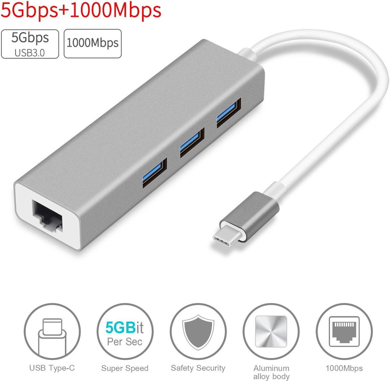 USB C to Ethernet Adapter, Type C to 3 USB 3.0 Ports, RJ45 Gigabit Network Hub, 10/100/1000 Mbps, Compatible with MacBook Pro 2019/2018/2017 and Other Type C Laptops and More  - Gray