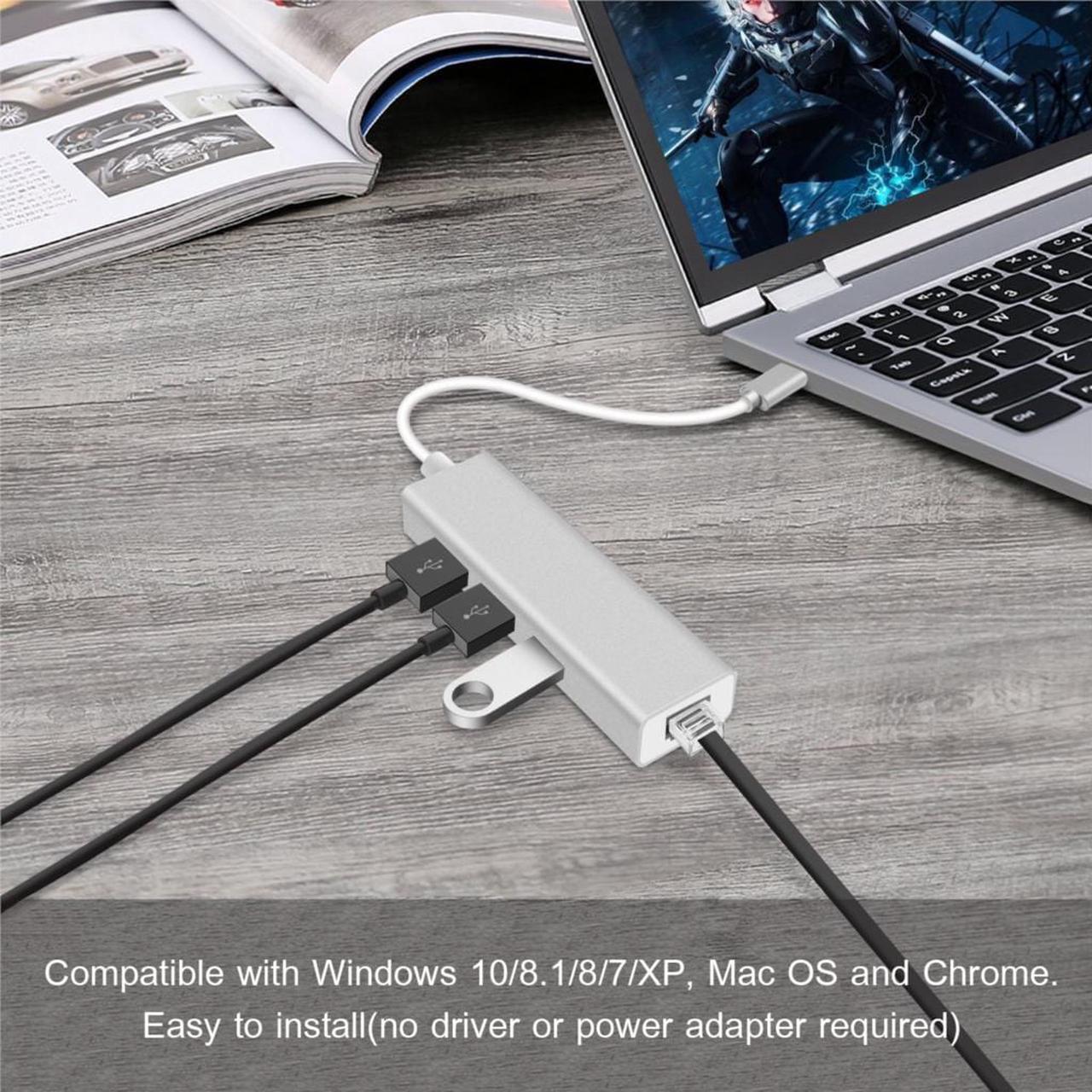 Alt view image 7 of 7 - USB C to Ethernet Adapter, Type C to 3 USB 3.0 Ports, RJ45 Gigabit Network Hub, 10/100/1000 Mbps, Compatible with MacBook Pro 2019/2018/2017 and Other Type C Laptops and More  - Silver