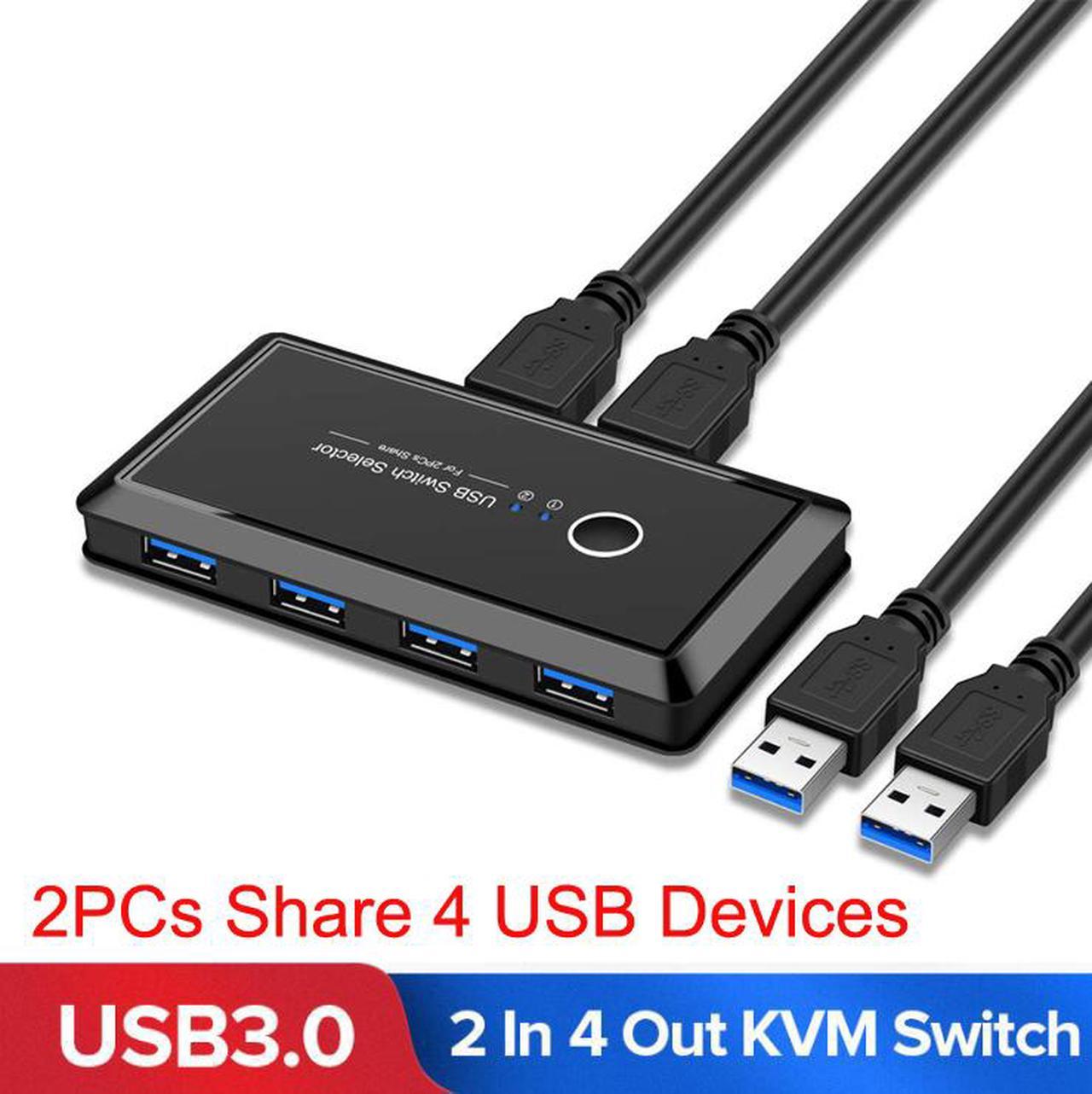 USB 3.0 Switch Selector, Jansicotek 2 Computer Sharing 4 USB Devices, KVM Switcher Box for Mouse Keyboard Scanner Printer PC, with One Button Swapping and 2-Pack USB3.0 Cable